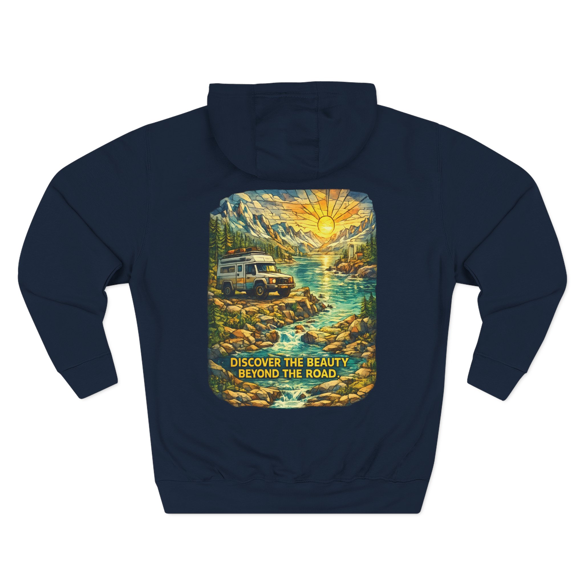 Three-Panel Fleece Hoodie - "Discover The Bieuty Beyond The Road" Design Cubic-Line