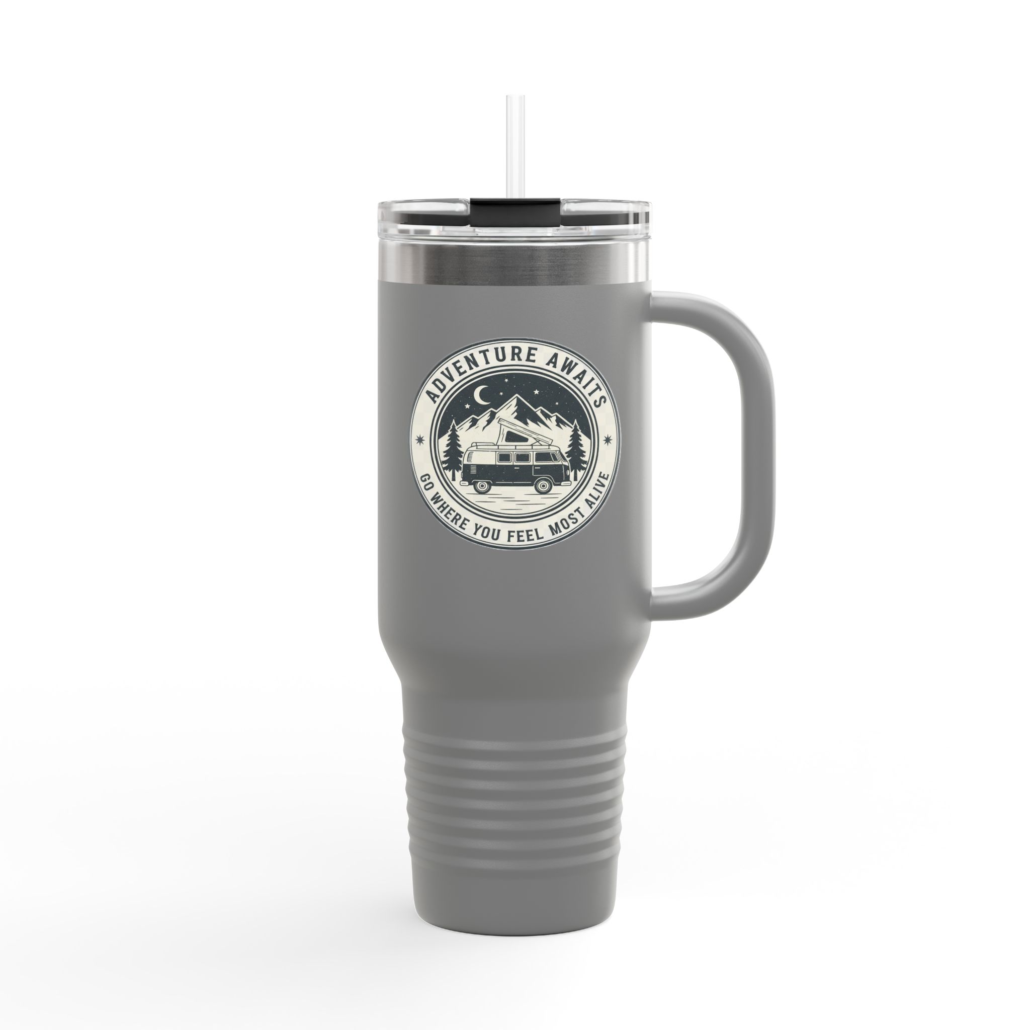 Insulated Travel Mug - "Adventure Awaits-Go Where You Feel Most Alive" (40oz) – Retro Camper Design, Keep Drinks Hot or Cold