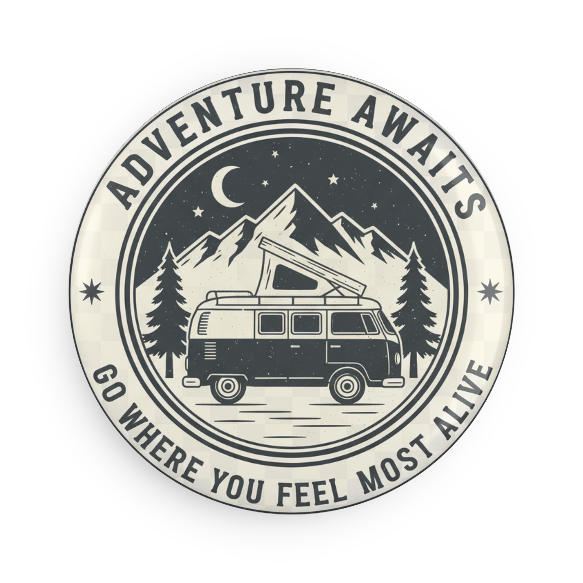 Round Magnet — 'Adventure Awaits-Go Where You Feel Most Alive' Van Life Travel Magnet