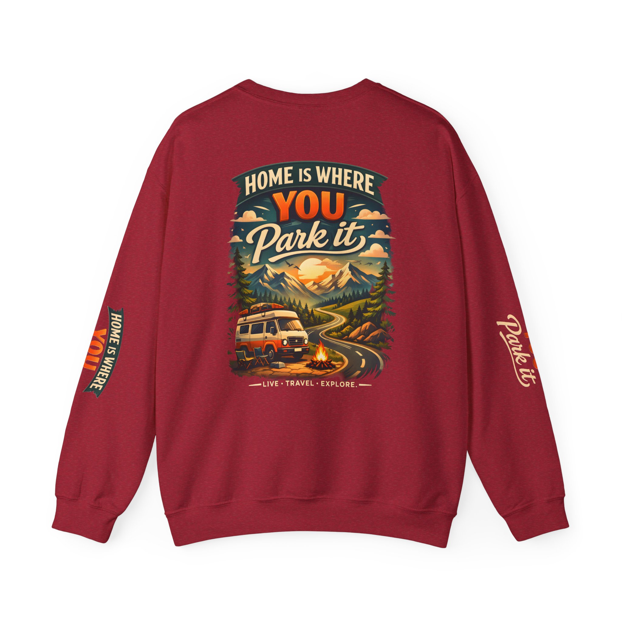 Unisex Heavy Blend™ Crewneck Sweatshirt — "Home Is Where You Park It" Design Scenic-Line