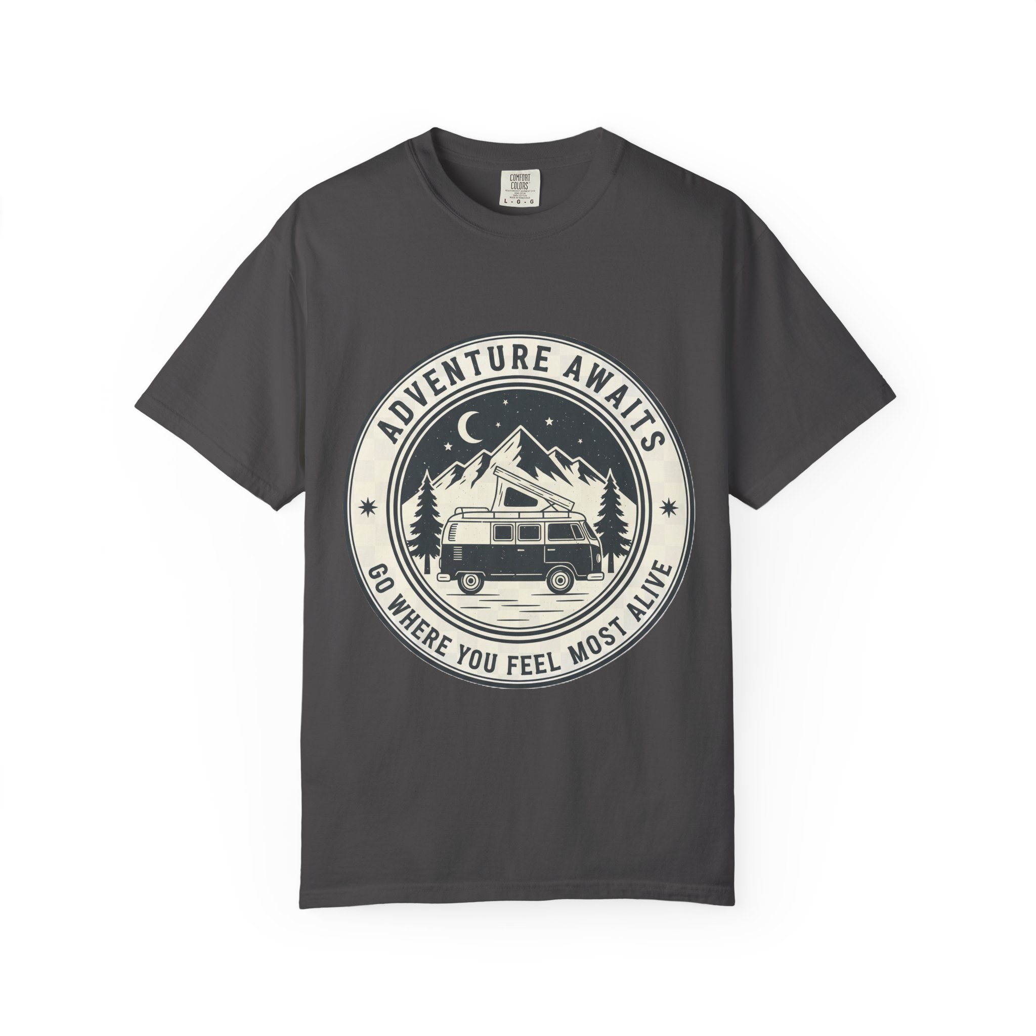 10027321537231941083_2048.jpeg T-Shirt — "Adventure Awaits-Go Where You Feel Most Alive" (Front + Back Printed) Outdoor Travel Tee