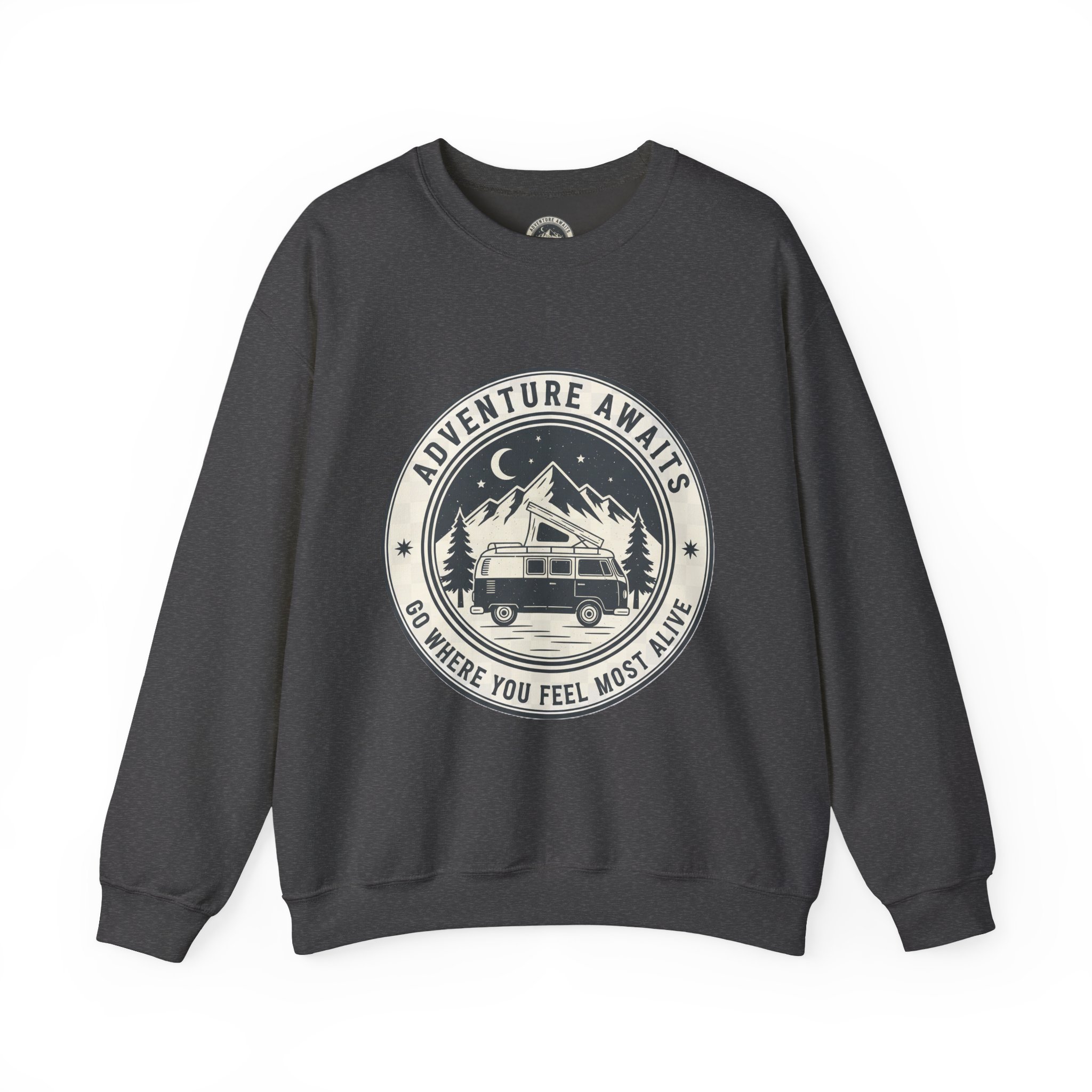 10045736962625419398_2048.jpeg Crewneck Sweatshirt — "Adventure Awaits-Go Where You Feel Most Alive" (Only Font + Back printed) Vintage Camper Van Outdoor Graphic
