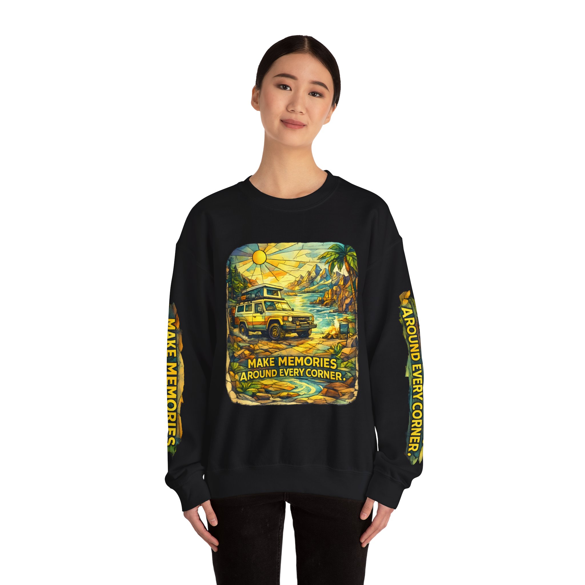 Unisex Heavy Blend™ Crewneck Sweatshirt — "Make Memories Around Every Corner" Design Cubic-Line