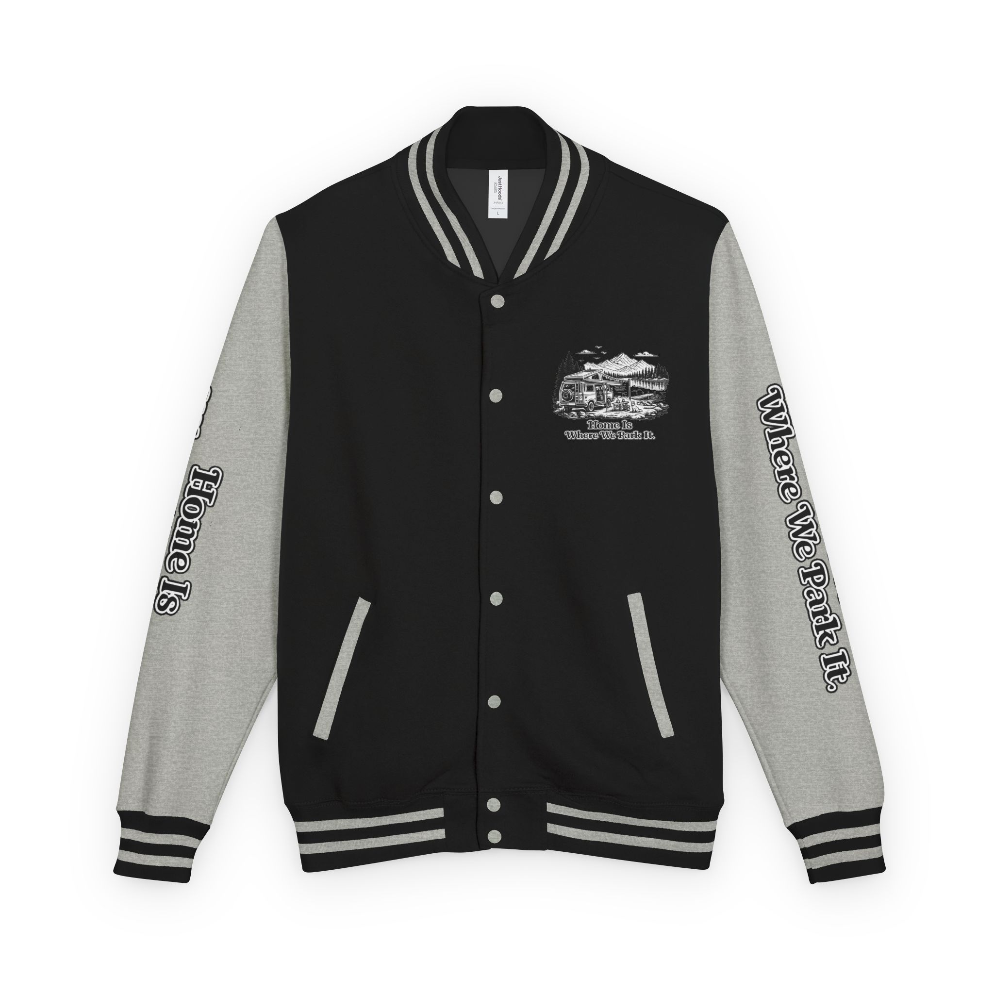 Unisex Heavyweight Letterman Jacket — "Home Is Where You Park It" Travel Varsity Coat