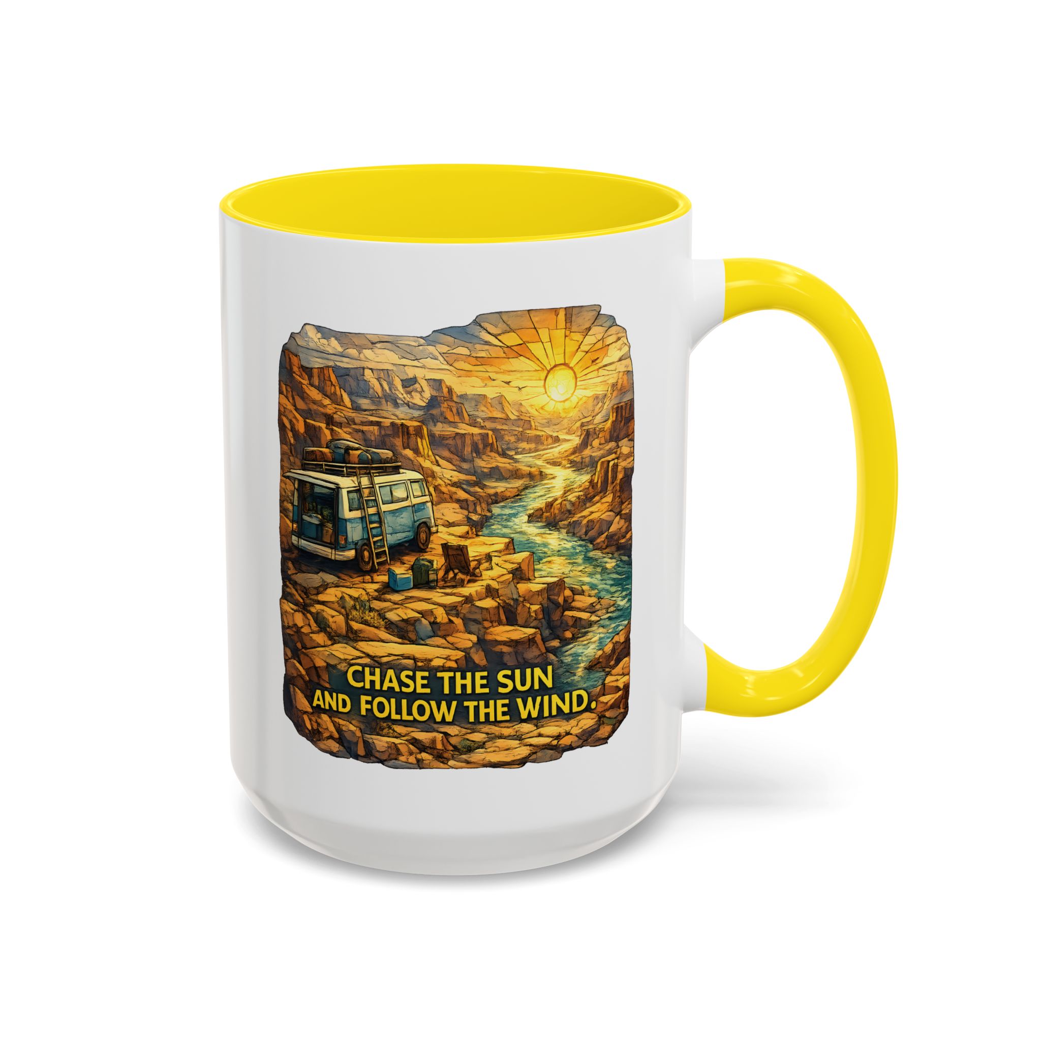 Accent Coffee Mug (11, 15oz) — "Chase The Sun And Follow The Wind" Design Cubic-Line