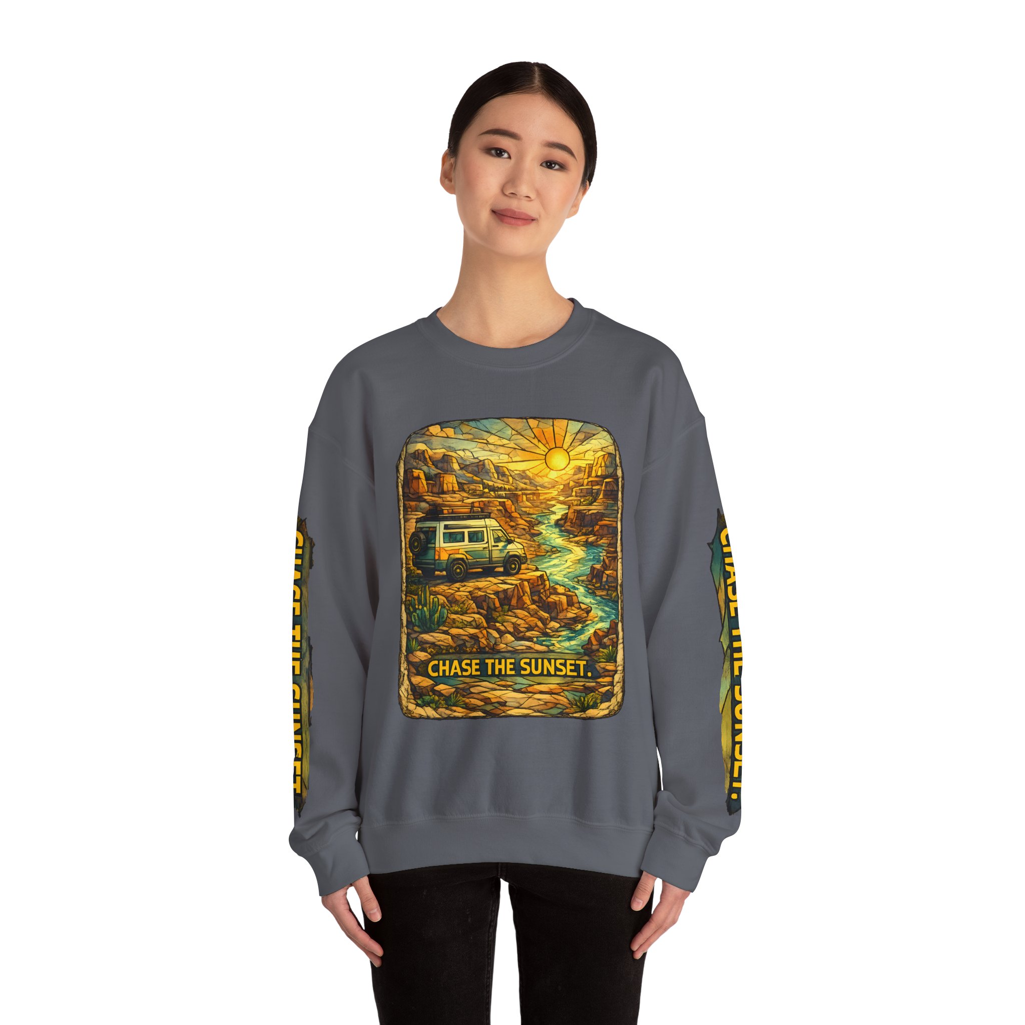 Unisex Heavy Blend™ Crewneck Sweatshirt — "Chase The Sunset" Design Cubic-Line