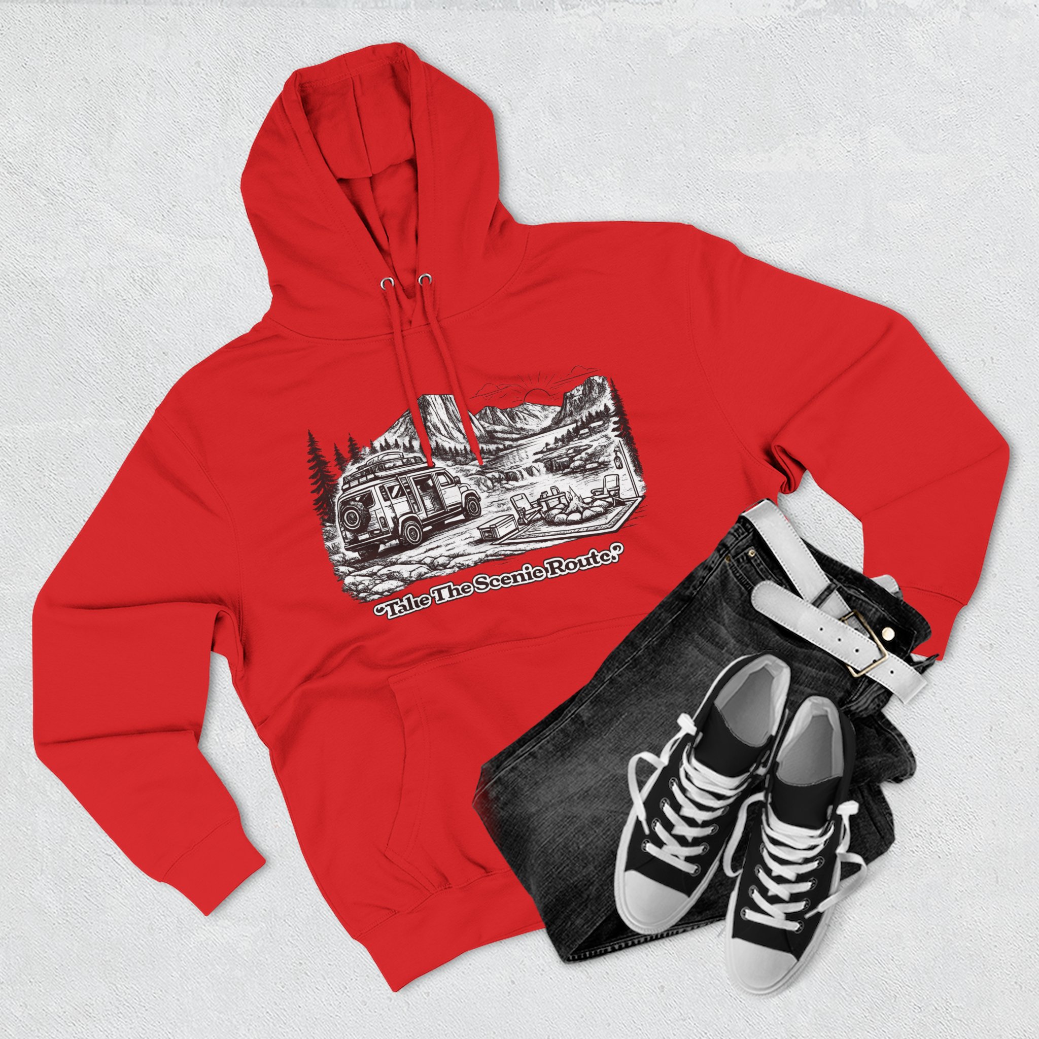 1011955897756607005_2048.jpeg Three-Panel Fleece Hoodie - "Take The Scenic Route" Design Minimal-Line