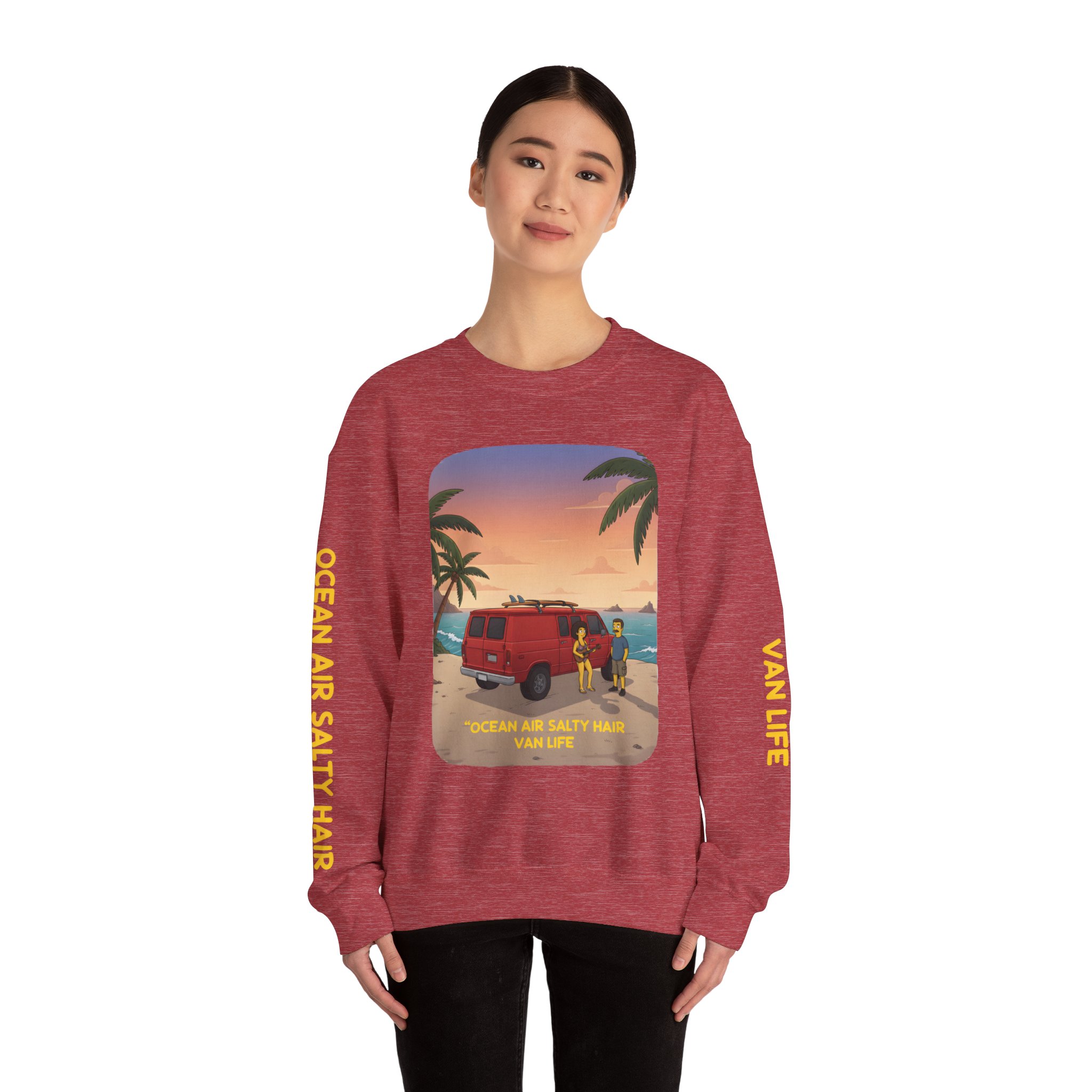 Unisex Heavy Blend™ Crewneck Sweatshirt — "Ocean Air Salty Hair Van Life" Design Sitcom-Line