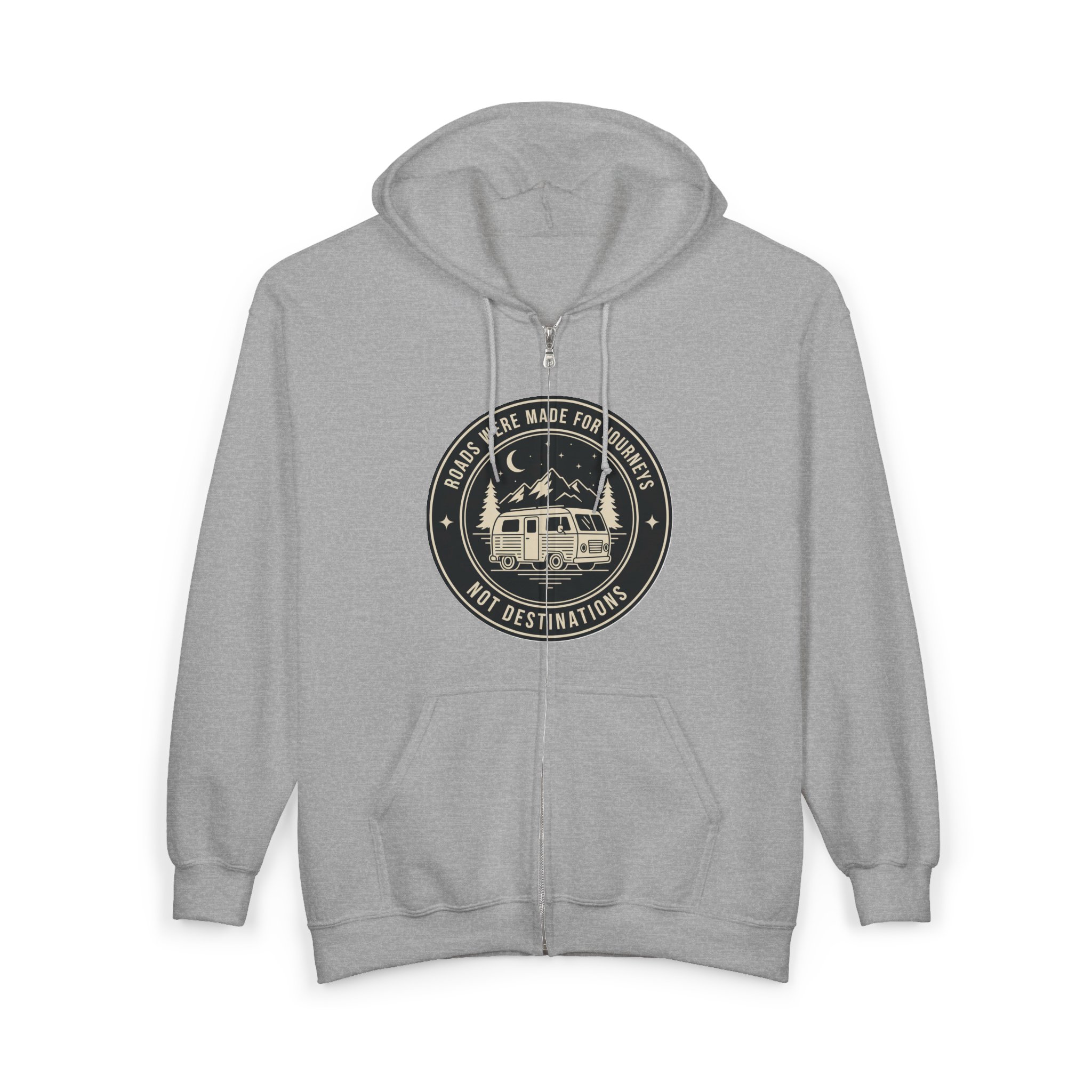 Zip Hoodie — "ROAD WHERE MADE FOR JOURNEYS-NOT DESTINATIONS"(Front + Back Printed) Camper Van Adventure Zip-Up