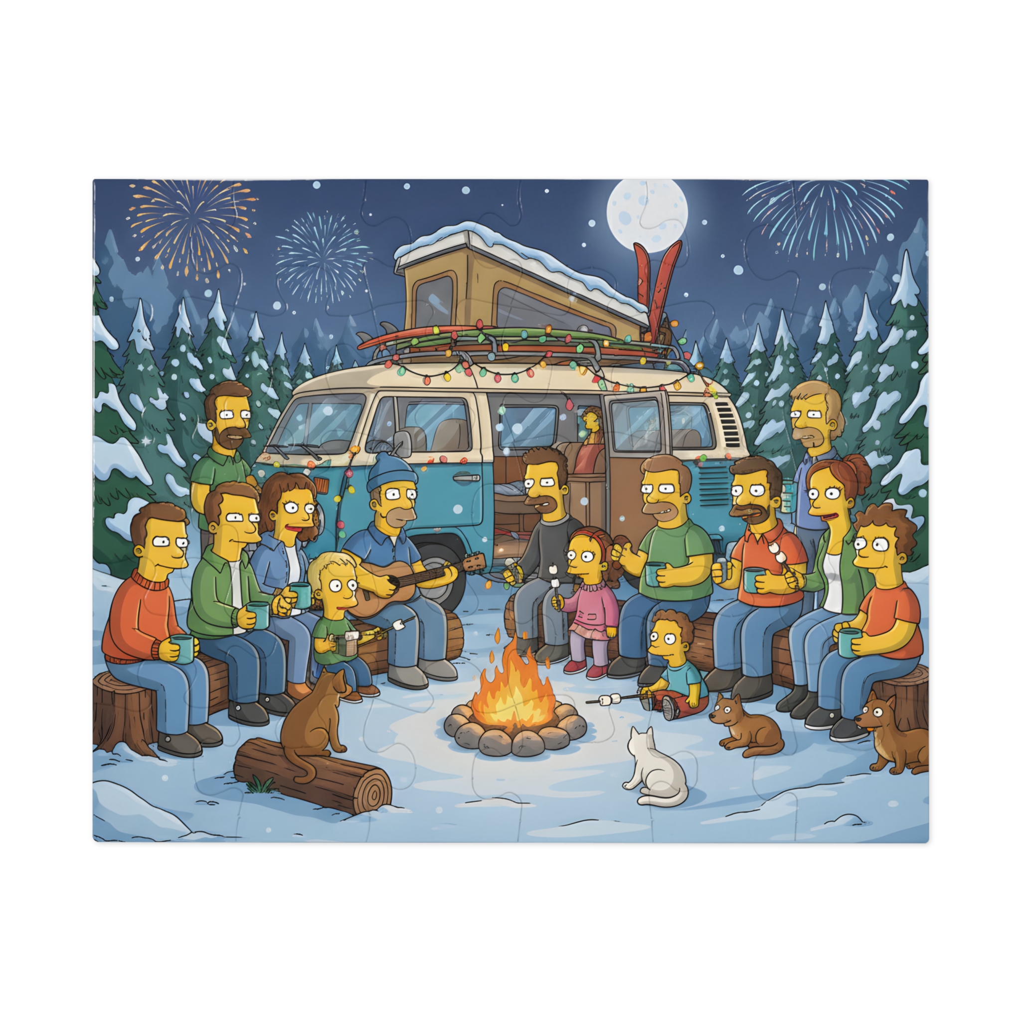 Jigsaw Puzzle with Tin — Winter Campfire Scene