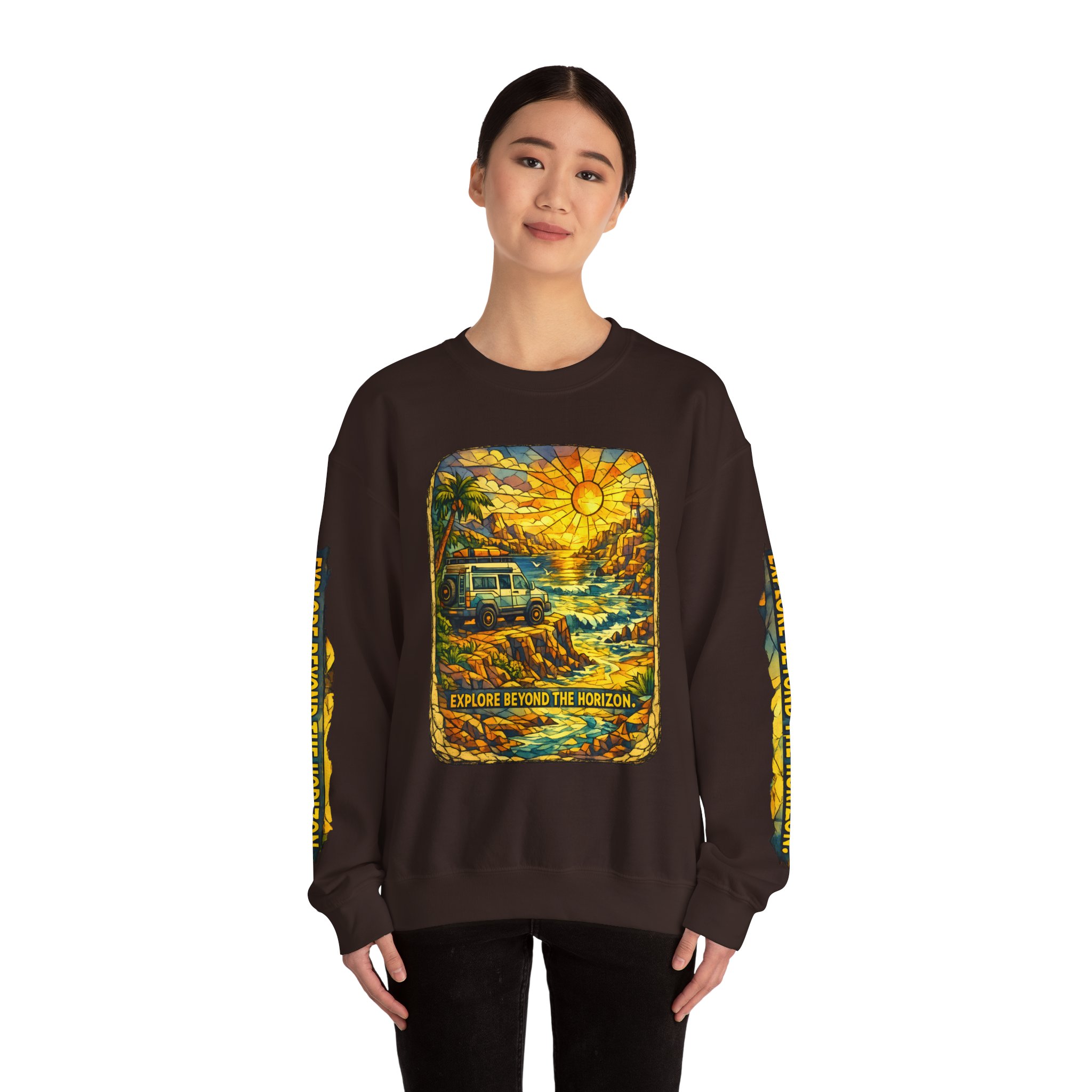 Unisex Heavy Blend™ Crewneck Sweatshirt — "Explore Beyond The Horizon" Design Cubic-Line