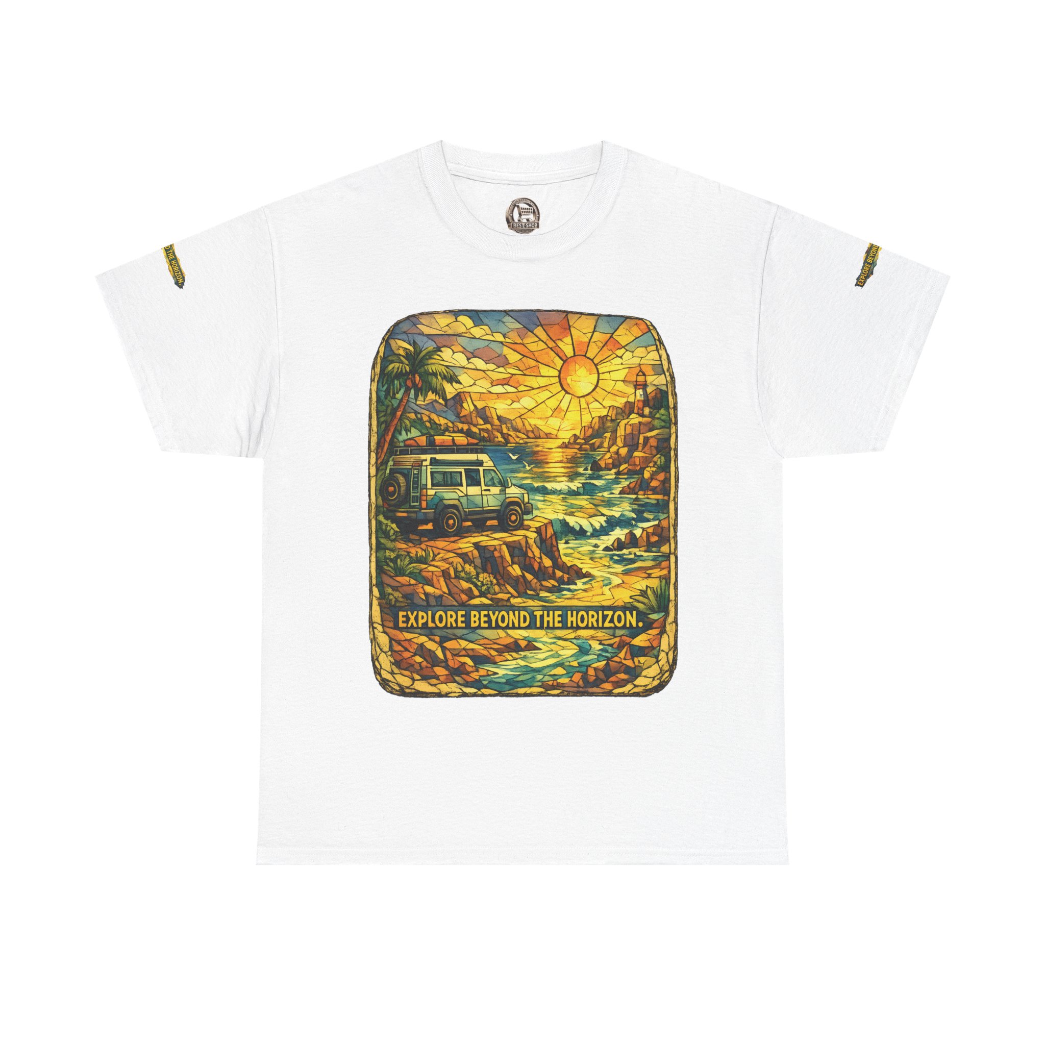 Unisex Heavy Cotton Tee — "Explore Beyond The Horizon" Design Cubic-Line