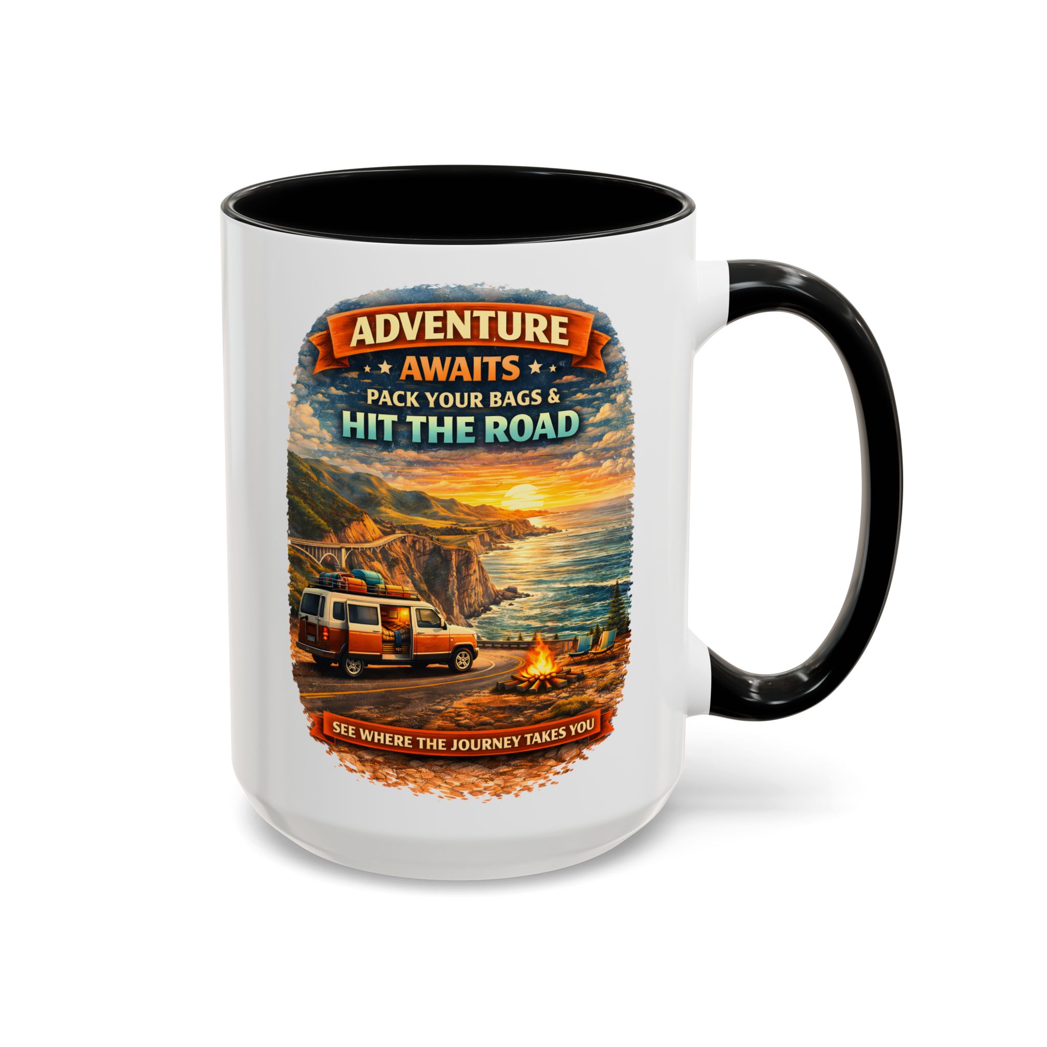 Accent Coffee Mug (11, 15oz) — "Adventure Awaits-Pack Your Bags" Design Scenic-Line
