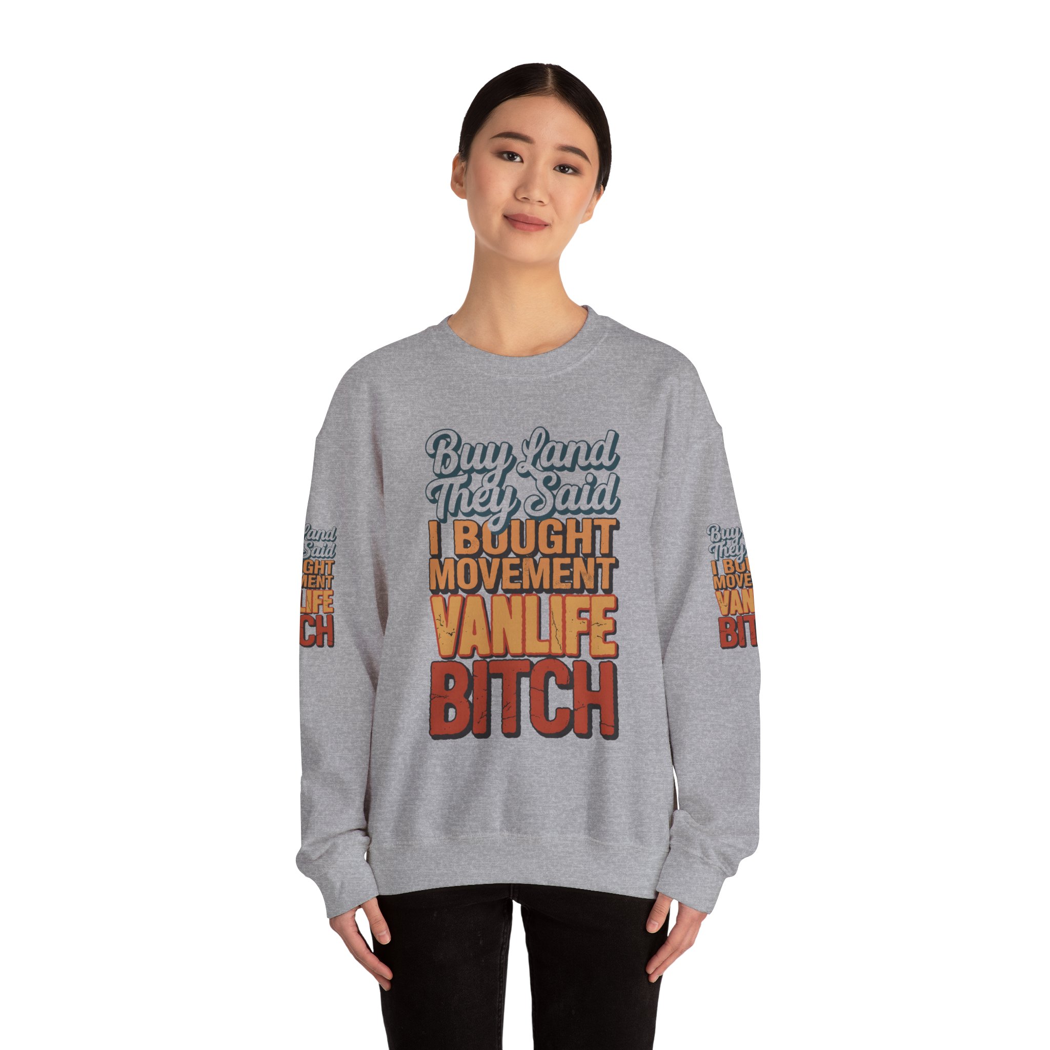 Unisex Heavy Blend™ Crewneck Sweatshirt — "Buy Land They Said" Design F**K-Line