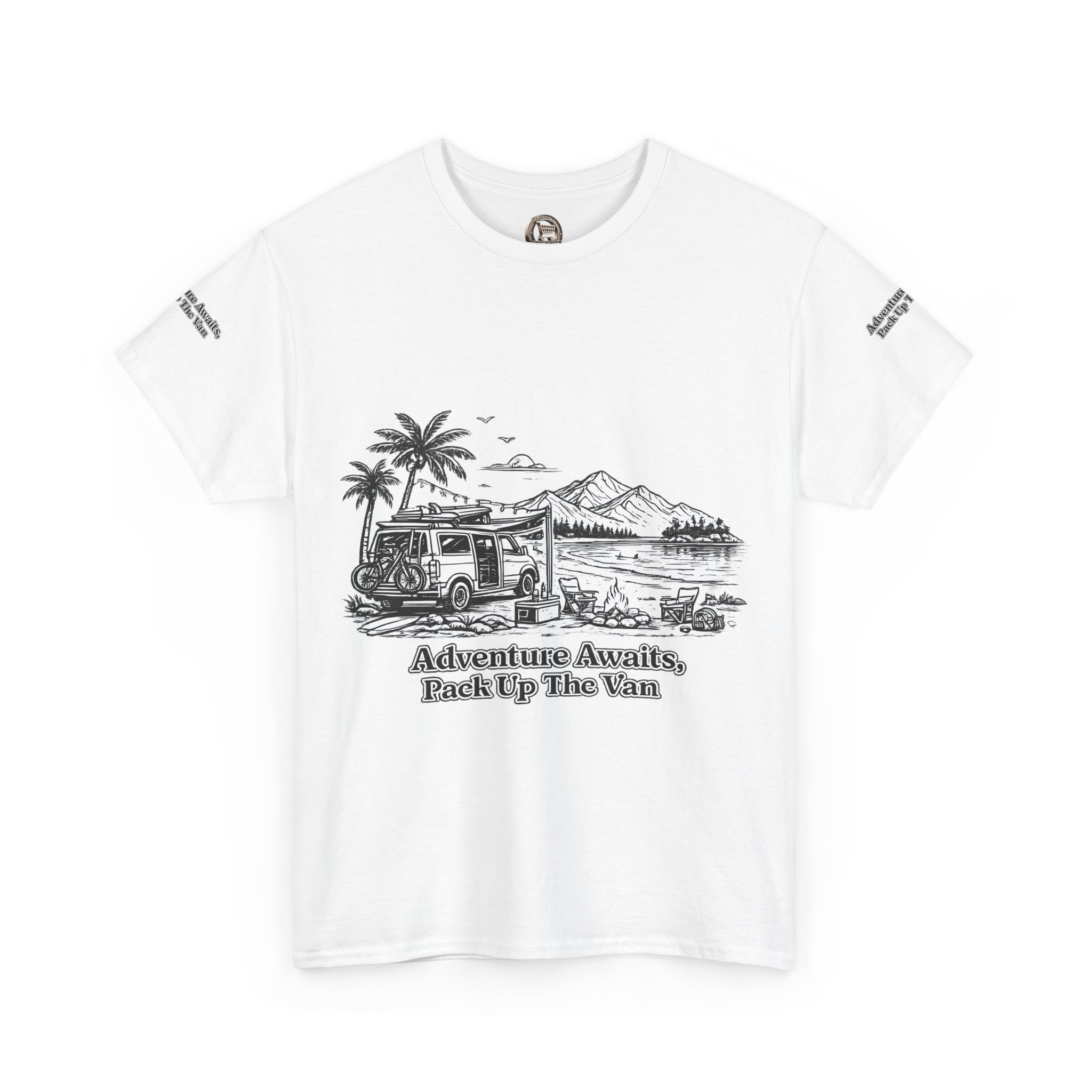 Unisex Heavy Cotton Tee — "Adventure Awaits,Pack Up The Van" Design Minimal-Line