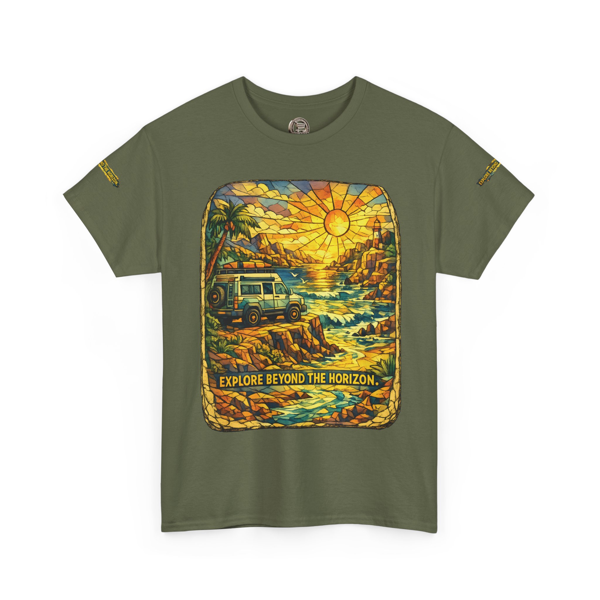 Unisex Heavy Cotton Tee — "Explore Beyond The Horizon" Design Cubic-Line