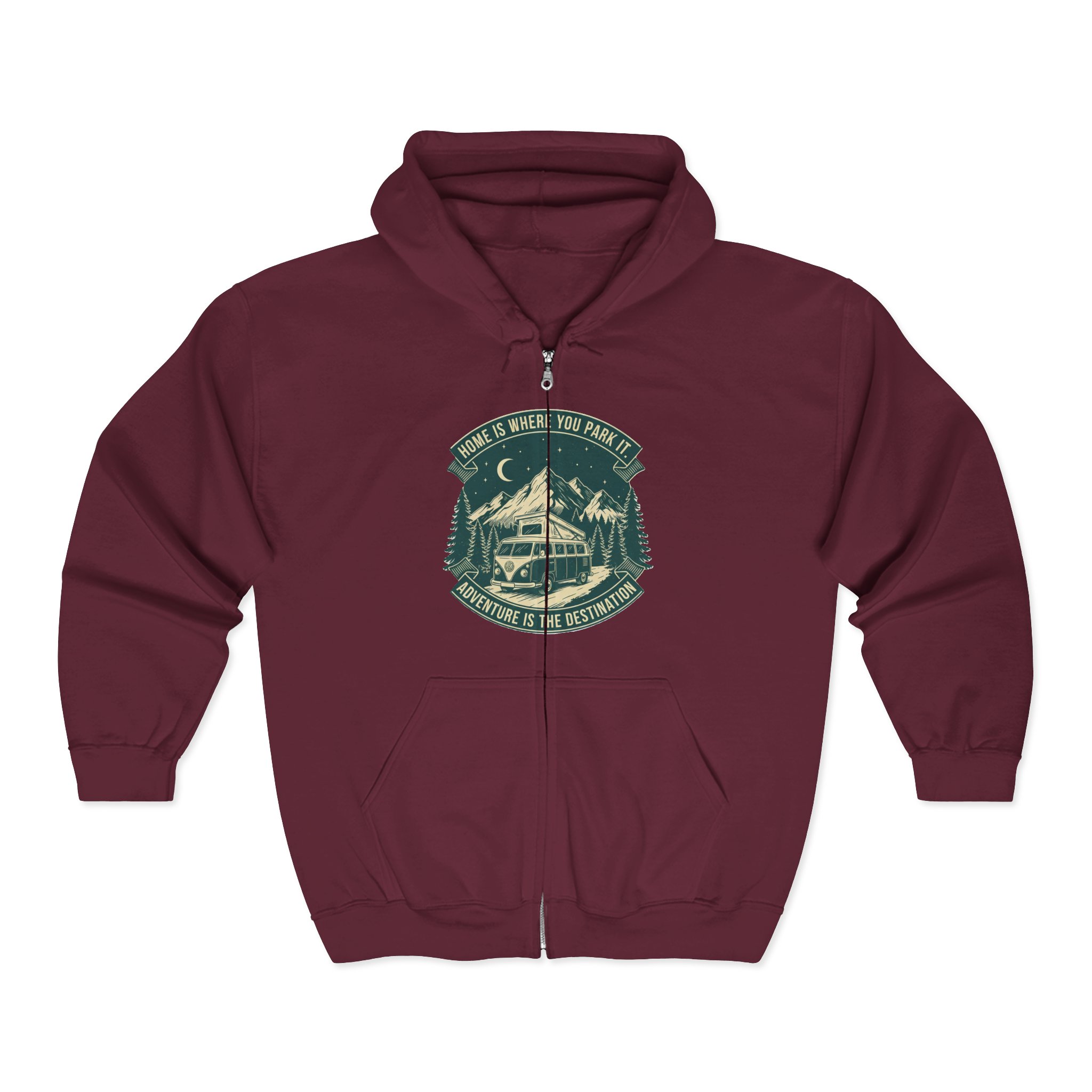 10176992982576022376_2048.jpeg Zip Hoodie — "Home Is Where You Park It-Adventure is the destination"(Front + Back Printed) Camper Van Adventure Zip-Up