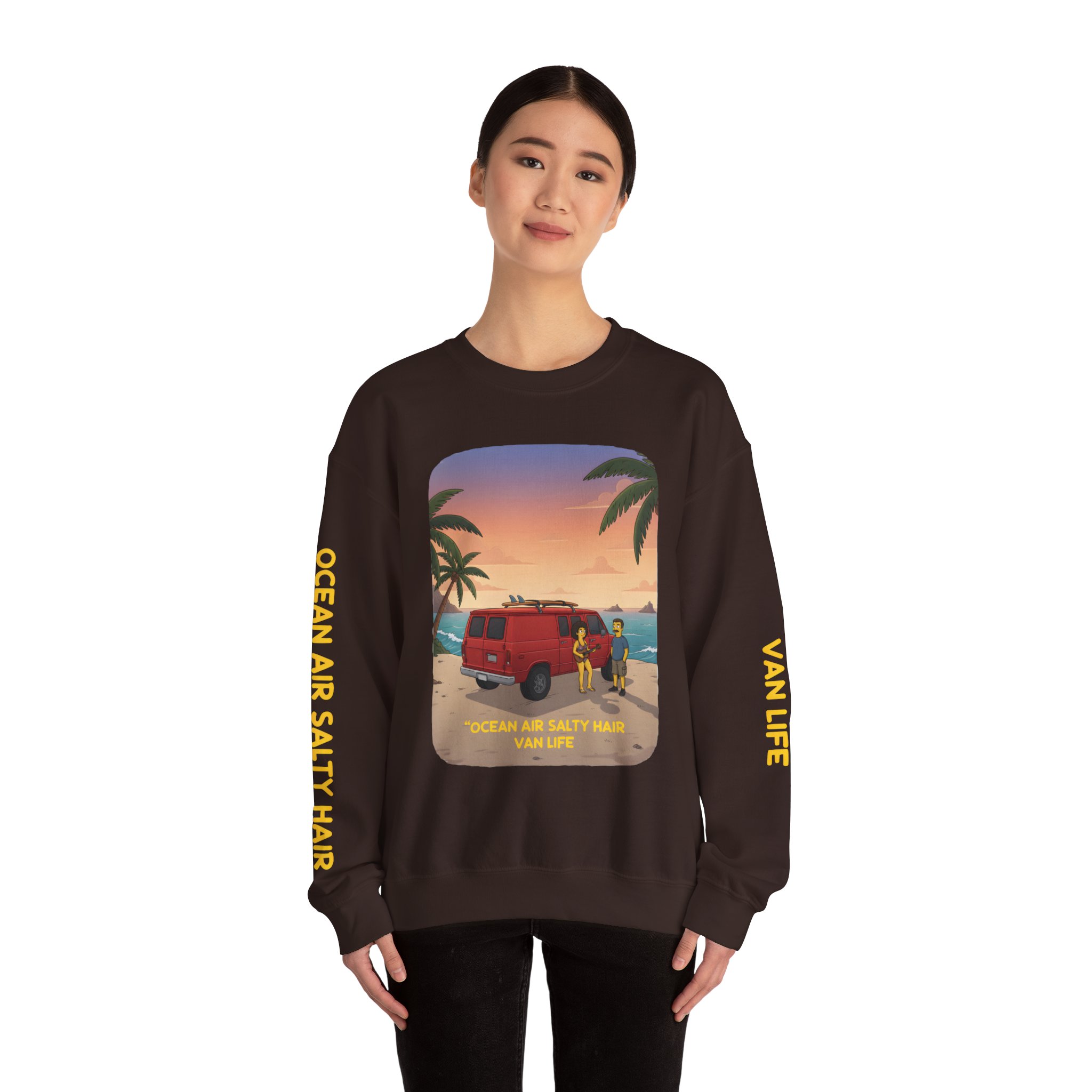 Unisex Heavy Blend™ Crewneck Sweatshirt — "Ocean Air Salty Hair Van Life" Design Sitcom-Line