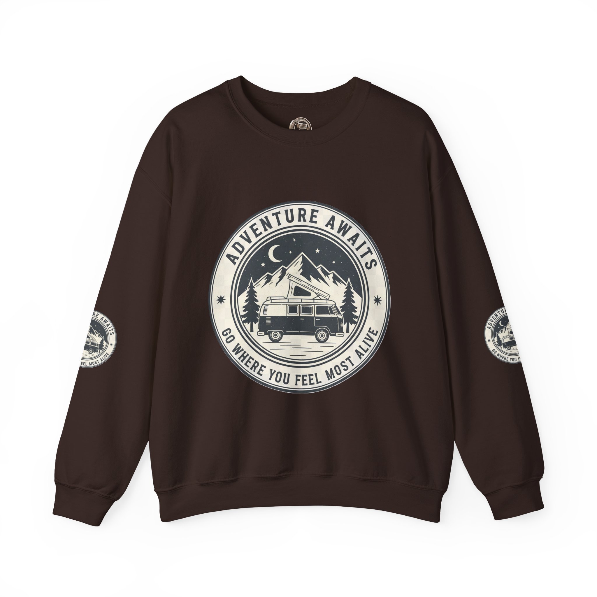 1017951017397943219_2048.jpeg Crewneck Sweatshirt — "Adventure Awaits-Go Where You Feel Most Alive" (Font + Back + Sleaves printed) Vintage Camper Van Outdoor Graphic