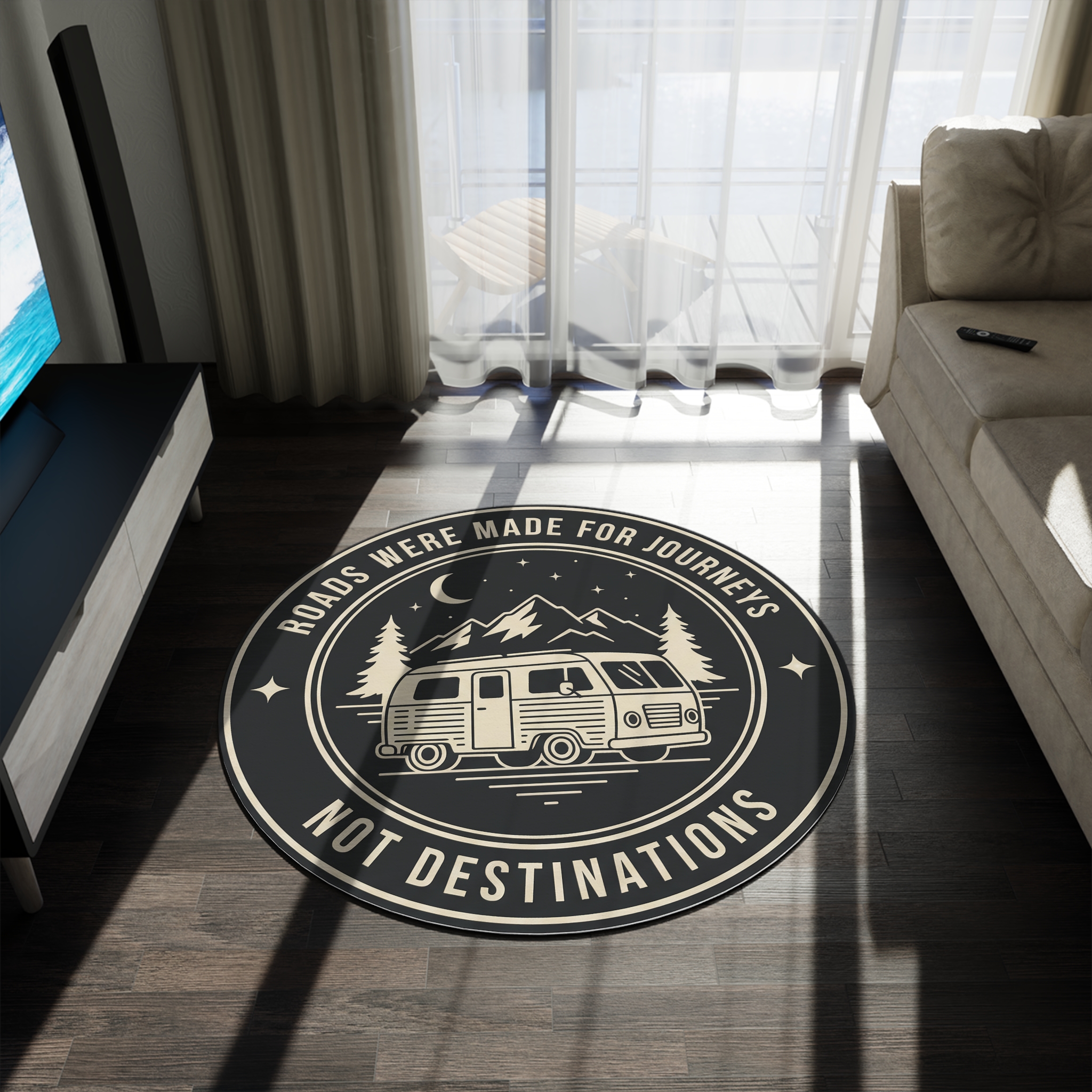 10183984261140400919_2048-1.jpeg Round Rug - "Roads Were Made For Journeys Not Destinations" Camper Van Adventure Floor Mat