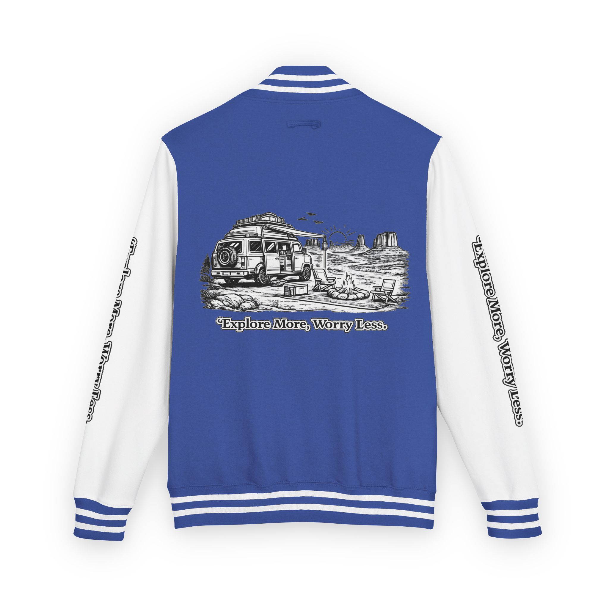 Unisex Heavyweight Letterman Jacket — "Explore More Worry Less" Travel Varsity Coat