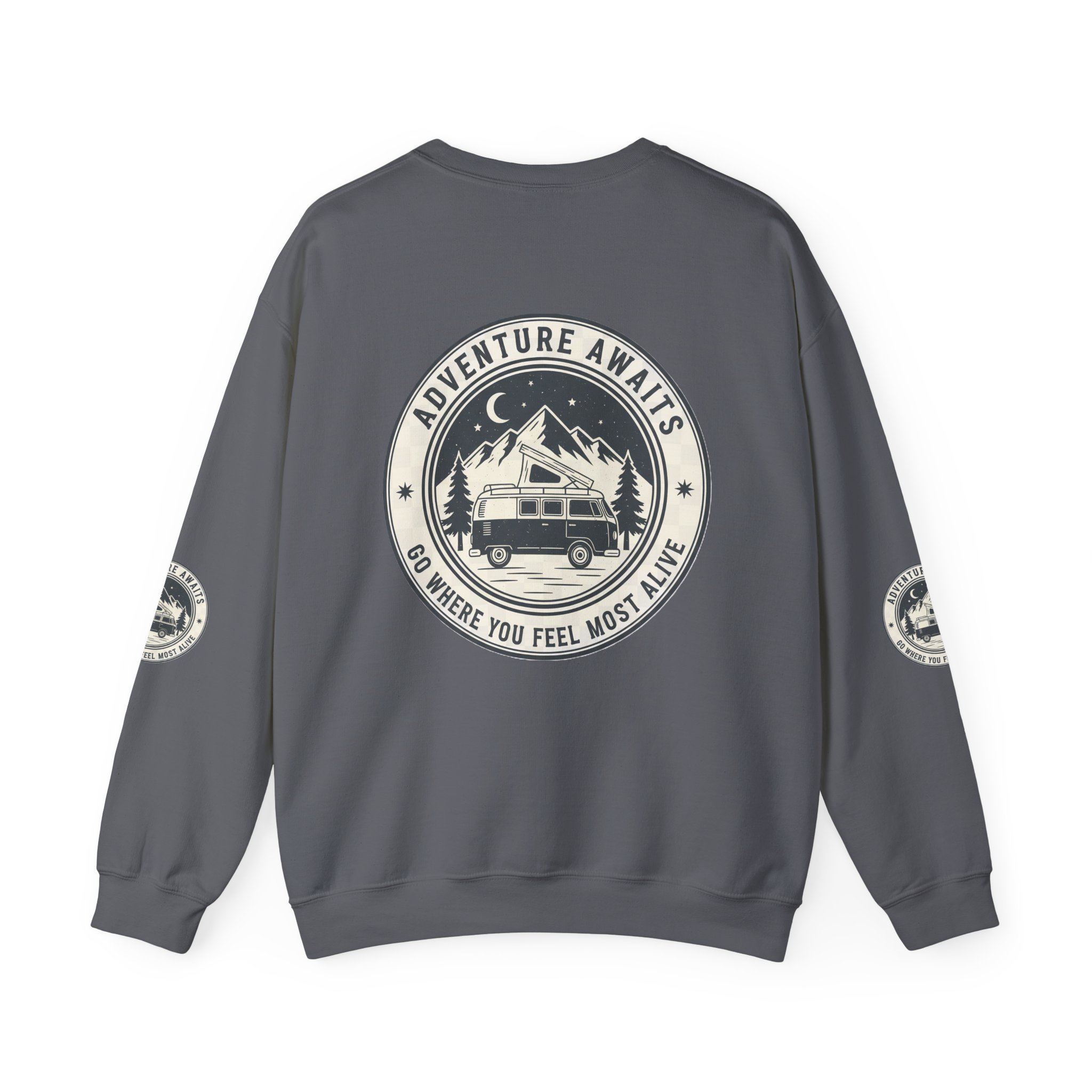 10194483959368733618_2048.jpeg Crewneck Sweatshirt — "Adventure Awaits-Go Where You Feel Most Alive" (Font + Back + Sleaves printed) Vintage Camper Van Outdoor Graphic