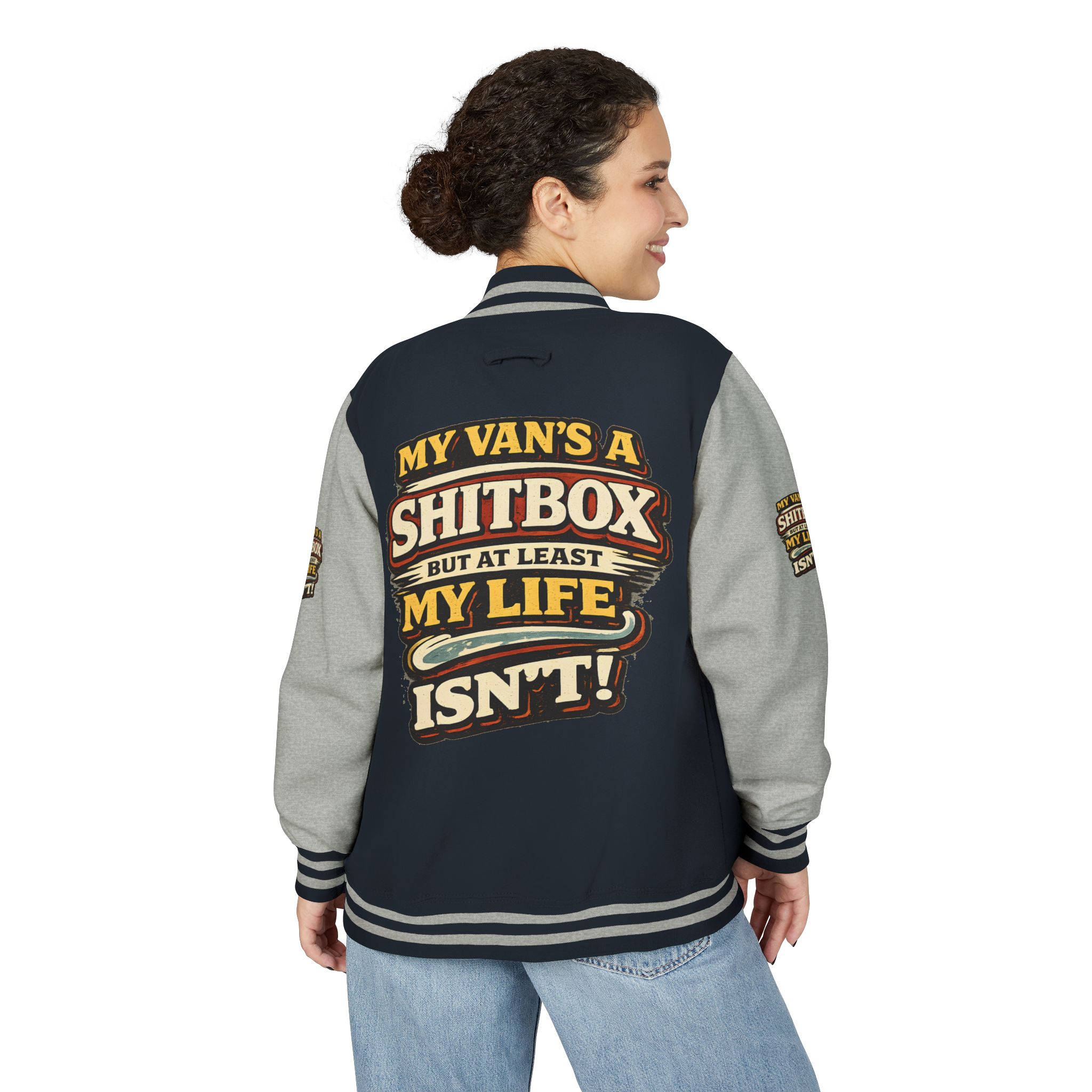 Unisex Heavyweight Letterman Jacket — "My Van`s A Shitbox" Design F**K-Line