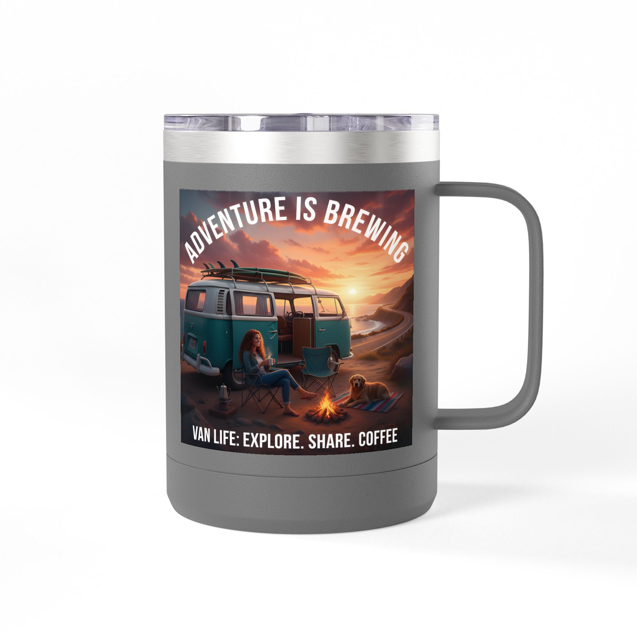 Coffee Mug Tumbler, 15oz-- "Adventure Is Brewing"