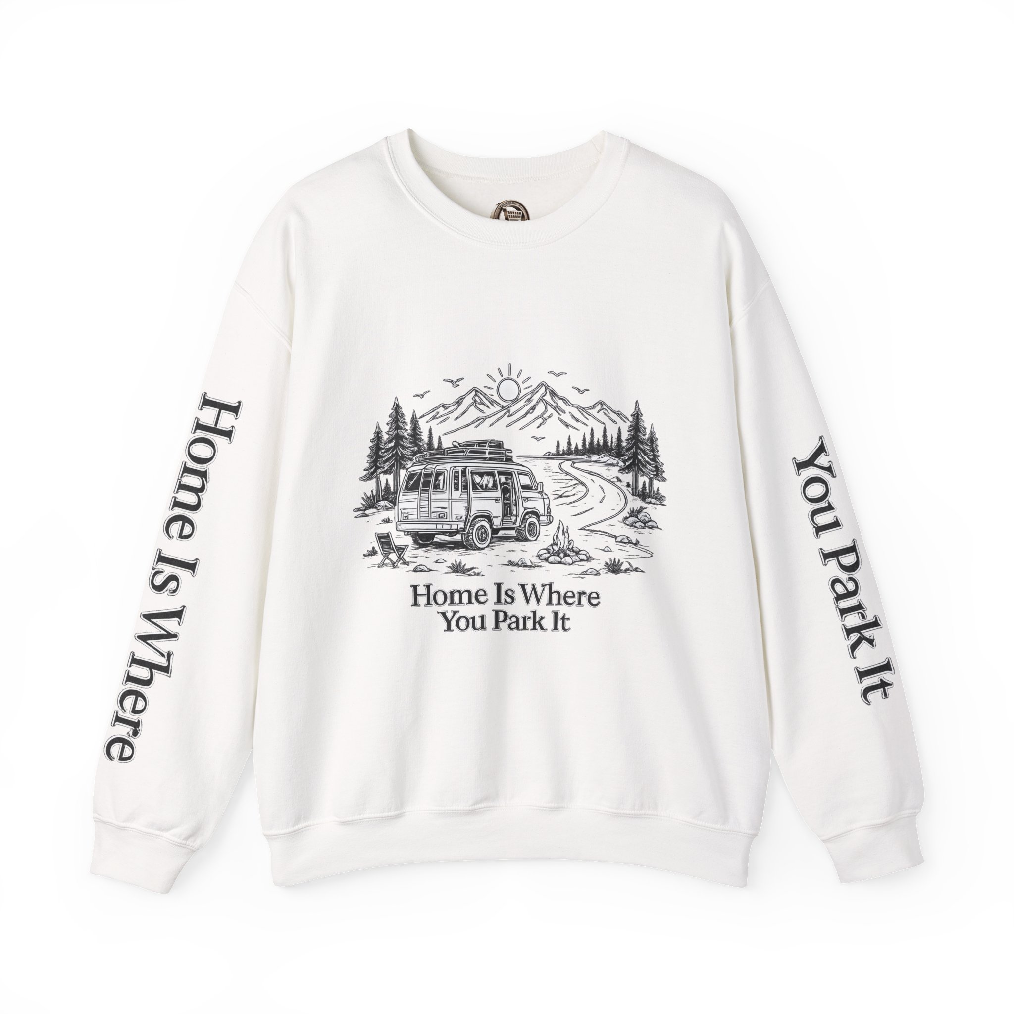 Unisex Heavy Blend™ Crewneck Sweatshirt — "Home Is Where You Park It" Design Minimal-Line