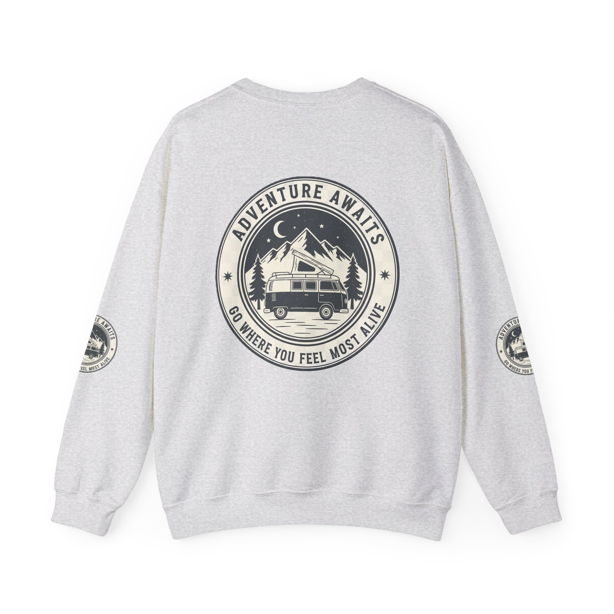 10235924307335004505_2048.jpeg Crewneck Sweatshirt — "Adventure Awaits-Go Where You Feel Most Alive" (Font + Back + Sleaves printed) Vintage Camper Van Outdoor Graphic