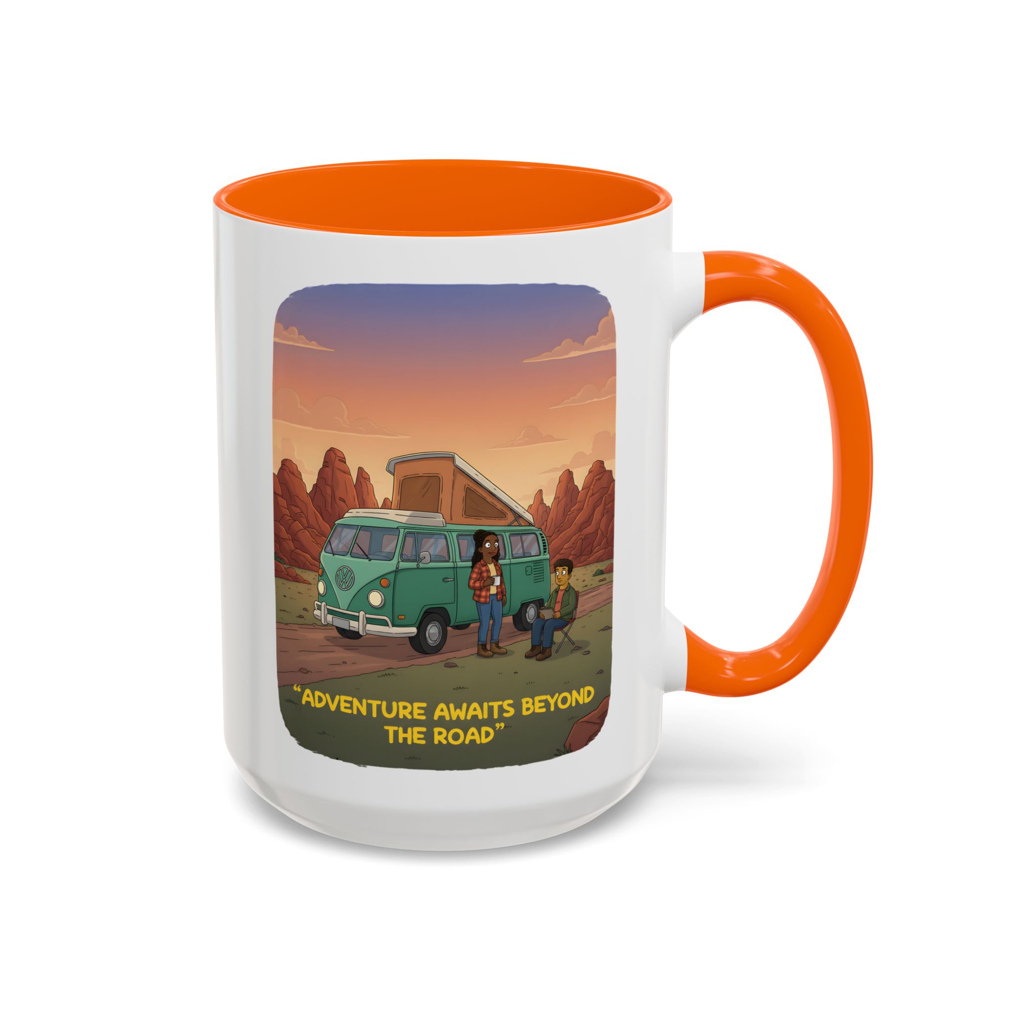 Accent Coffee Mug (11, 15oz) — "Adventure Awaits Beyond The Road" Design Sitcom-Line
