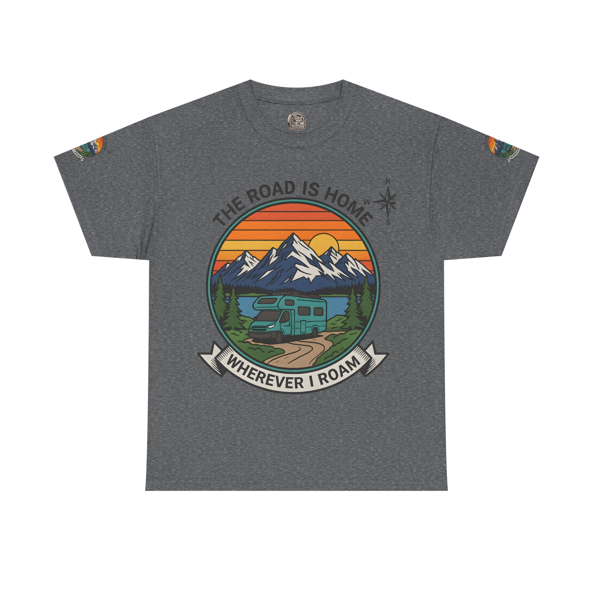Unisex Heavy Cotton Tee  — 'The Road Is Home, Wherever I Roam' Retro Camper Tee
