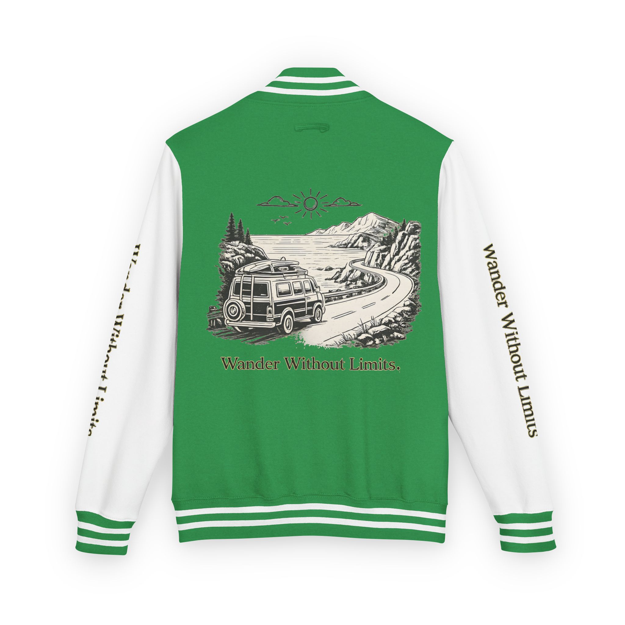 Unisex Heavyweight Letterman Jacket — "Wander Without Limits" Travel Varsity Coat