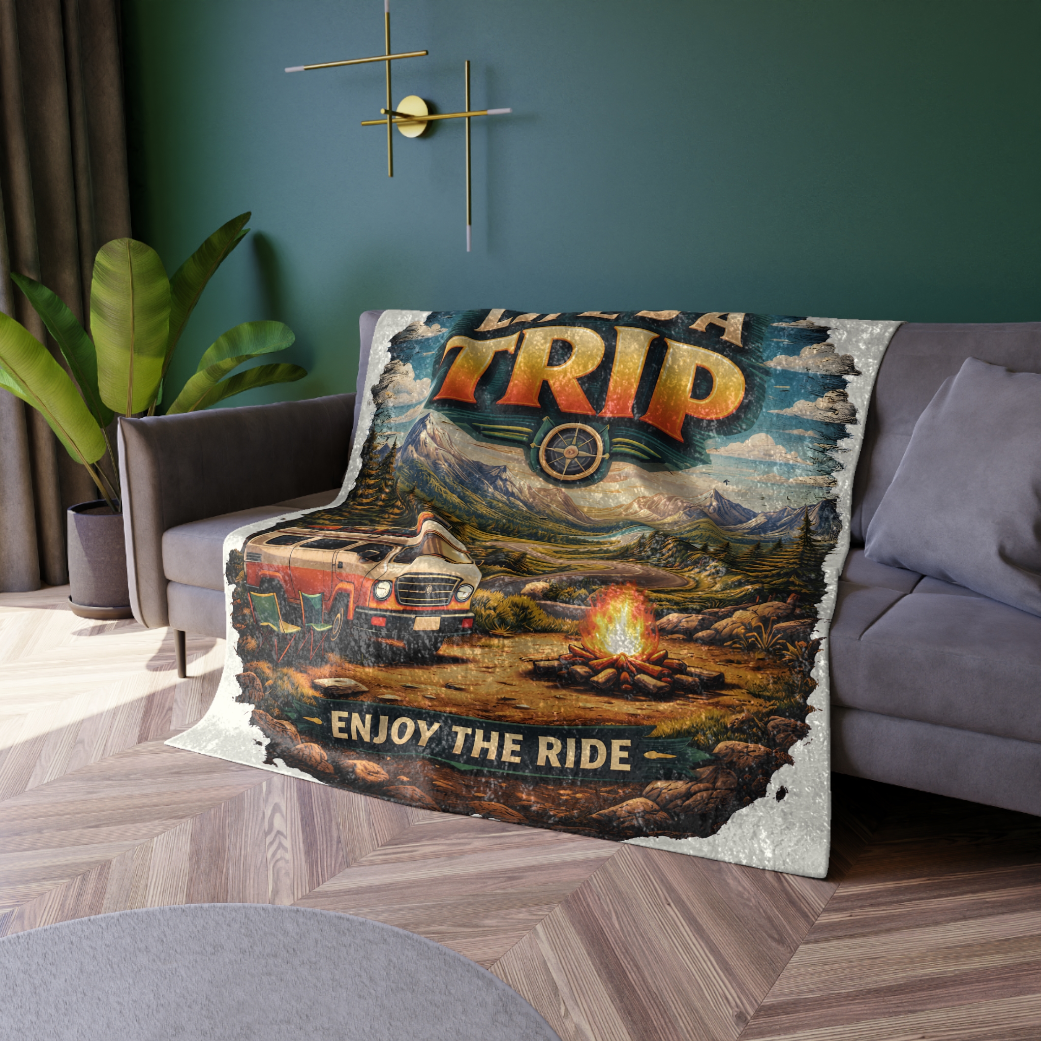 Crushed Velvet Blanket —"Life s A Trip" Design Scenic-Line (Campervan)