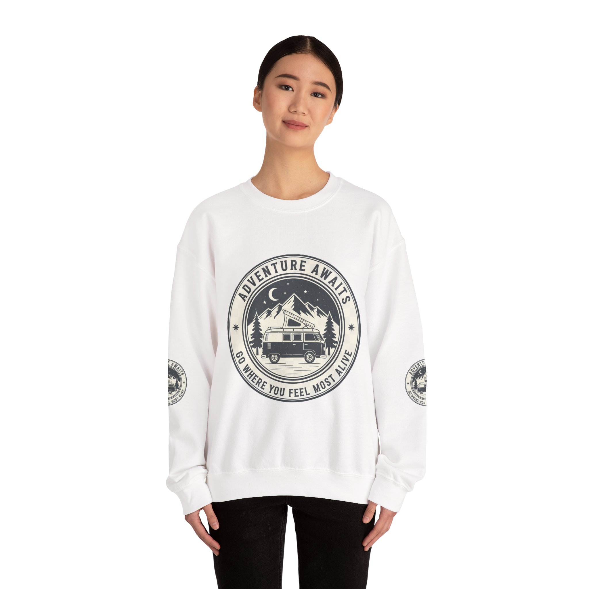 10273931399011415823_2048.jpeg Crewneck Sweatshirt — "Adventure Awaits-Go Where You Feel Most Alive" (Font + Back + Sleaves printed) Vintage Camper Van Outdoor Graphic