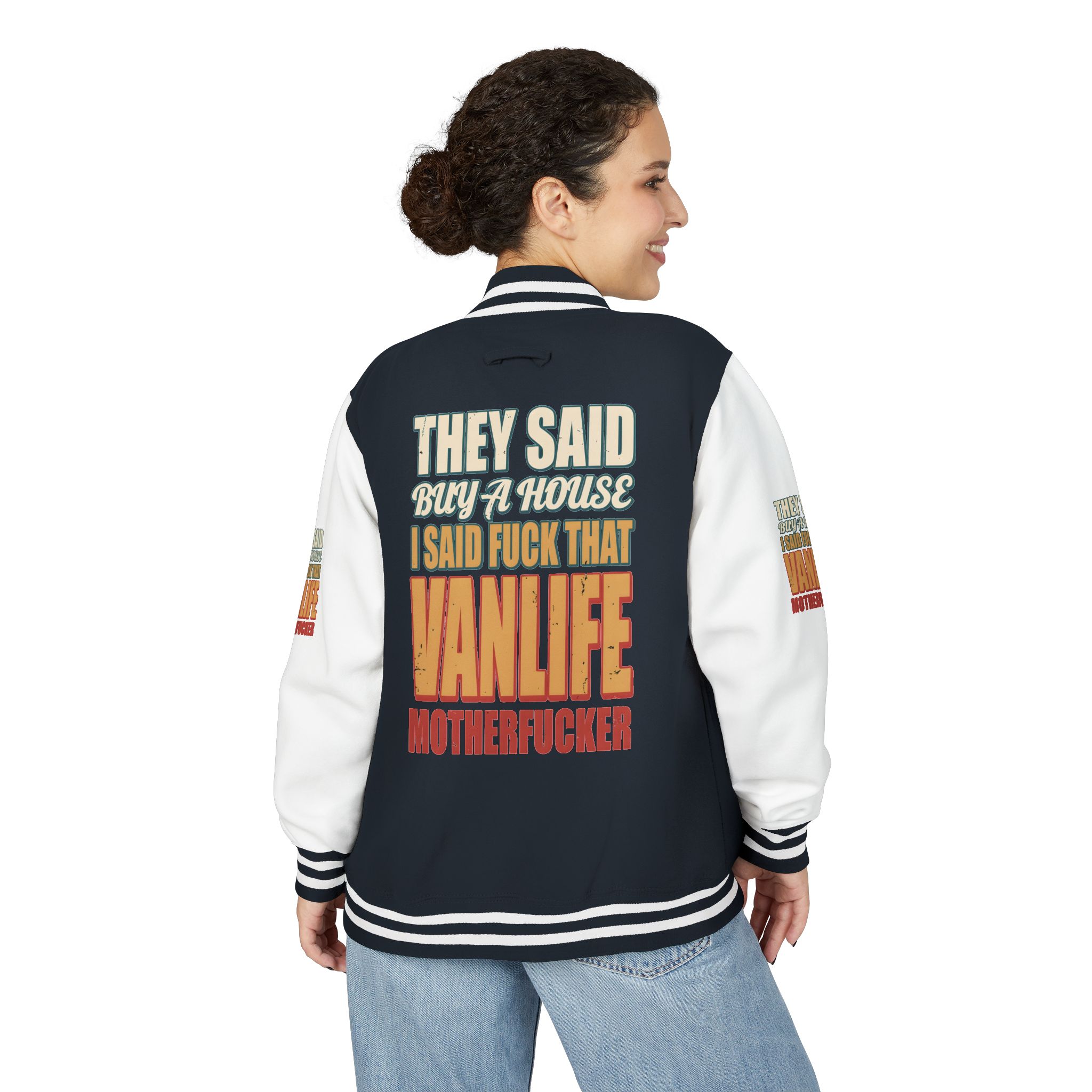 Unisex Heavyweight Letterman Jacket — "They Said Buy A House" Design F**K-Line