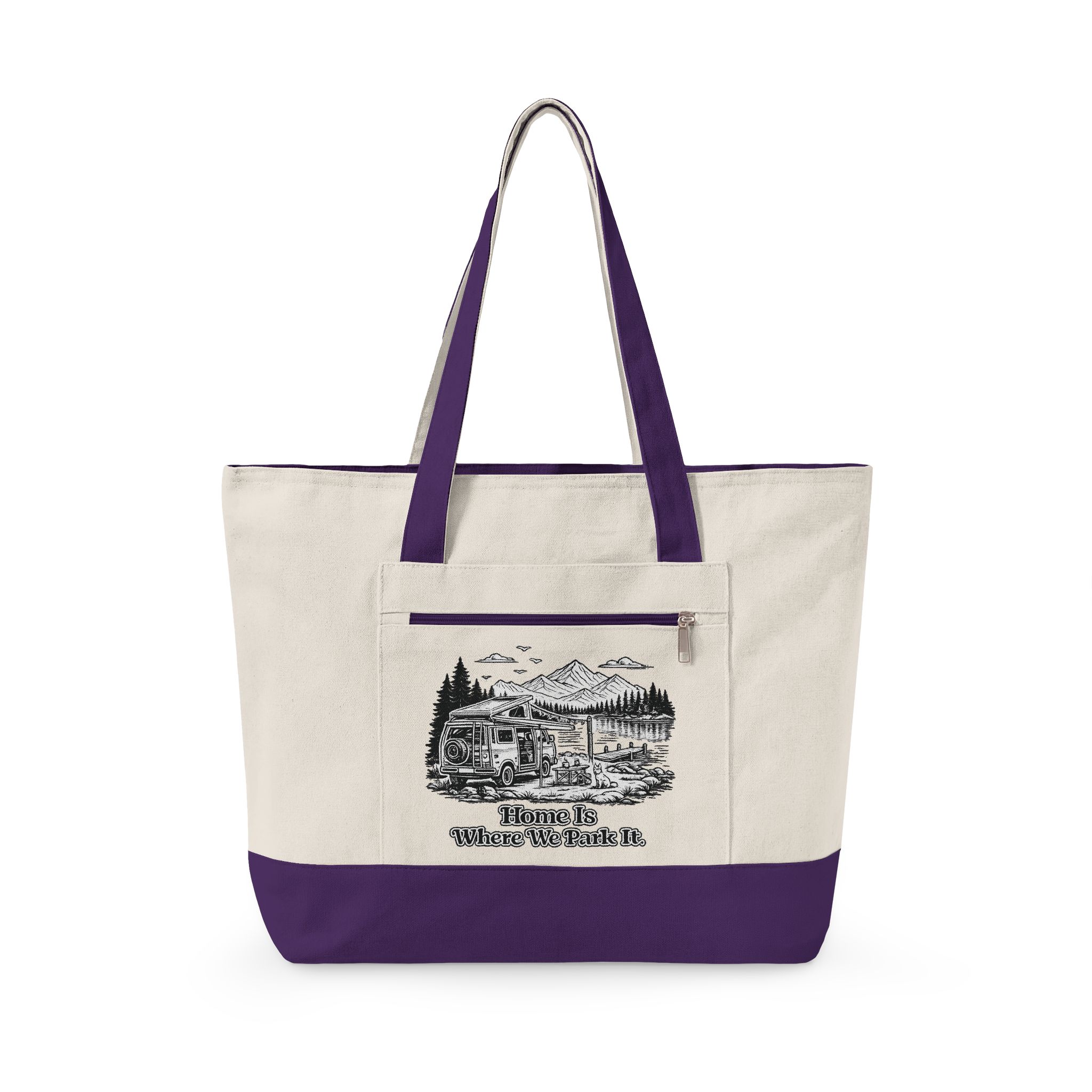 Zippered Canvas Tote — "Home Is Where You Park It" (Design Minimal-Line)
