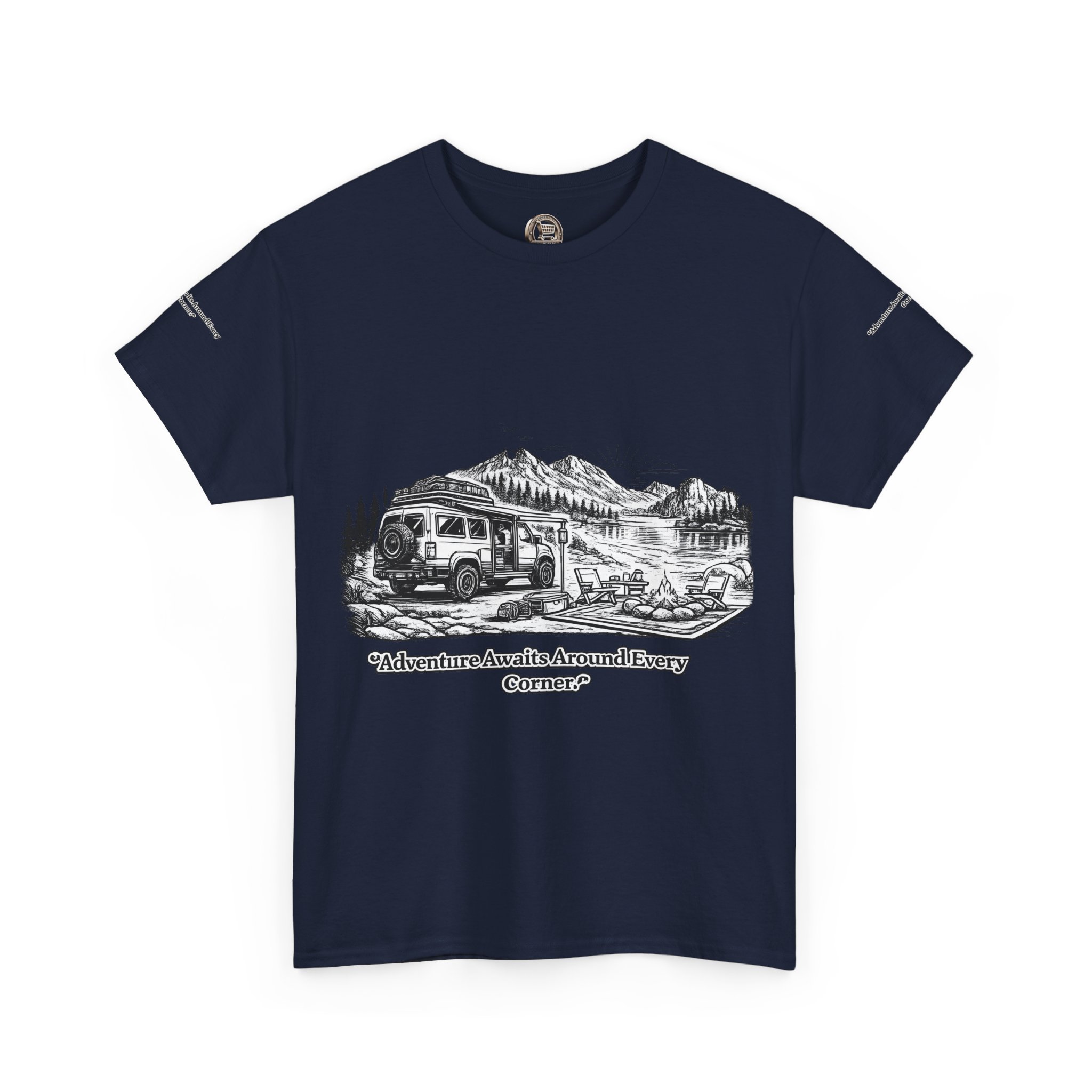 Unisex Heavy Cotton Tee — "Adventure Awaits Around Every Corner" Design Minimal-Line