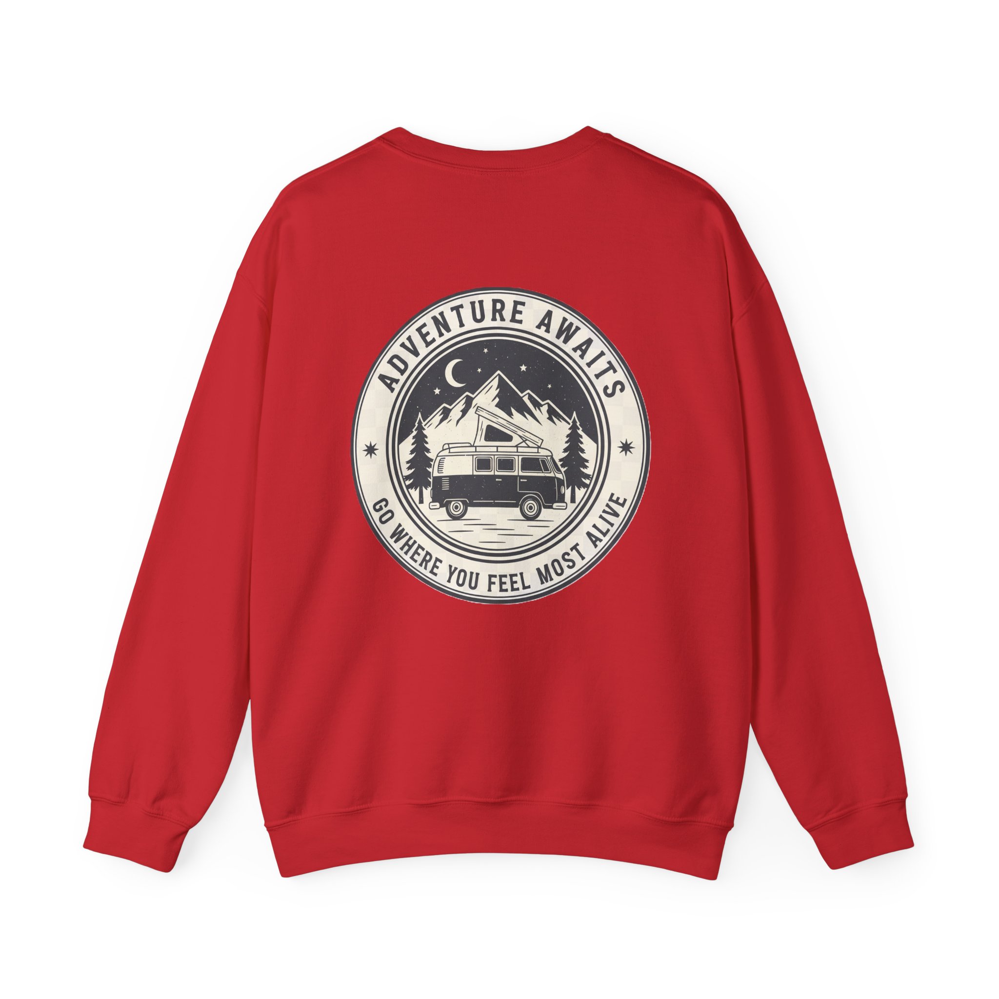 10334577773696643640_2048.jpeg Crewneck Sweatshirt — "Adventure Awaits-Go Where You Feel Most Alive" (Only Font + Back printed) Vintage Camper Van Outdoor Graphic