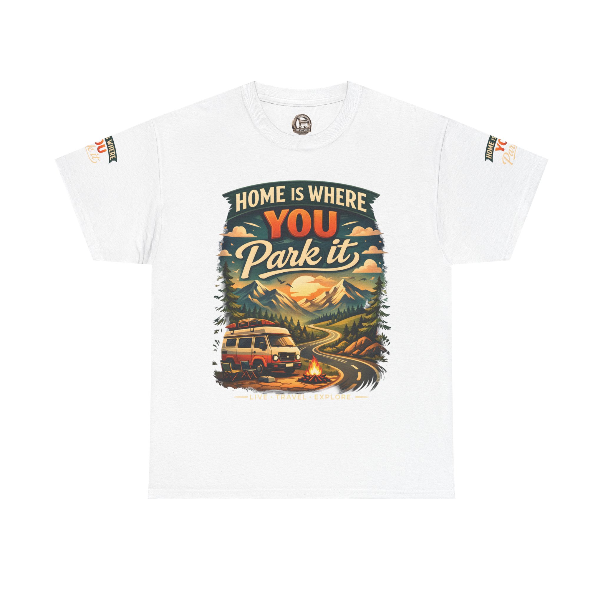 Unisex Heavy Cotton Tee — "Hom Is Where You Park It" Design Scenic-Line