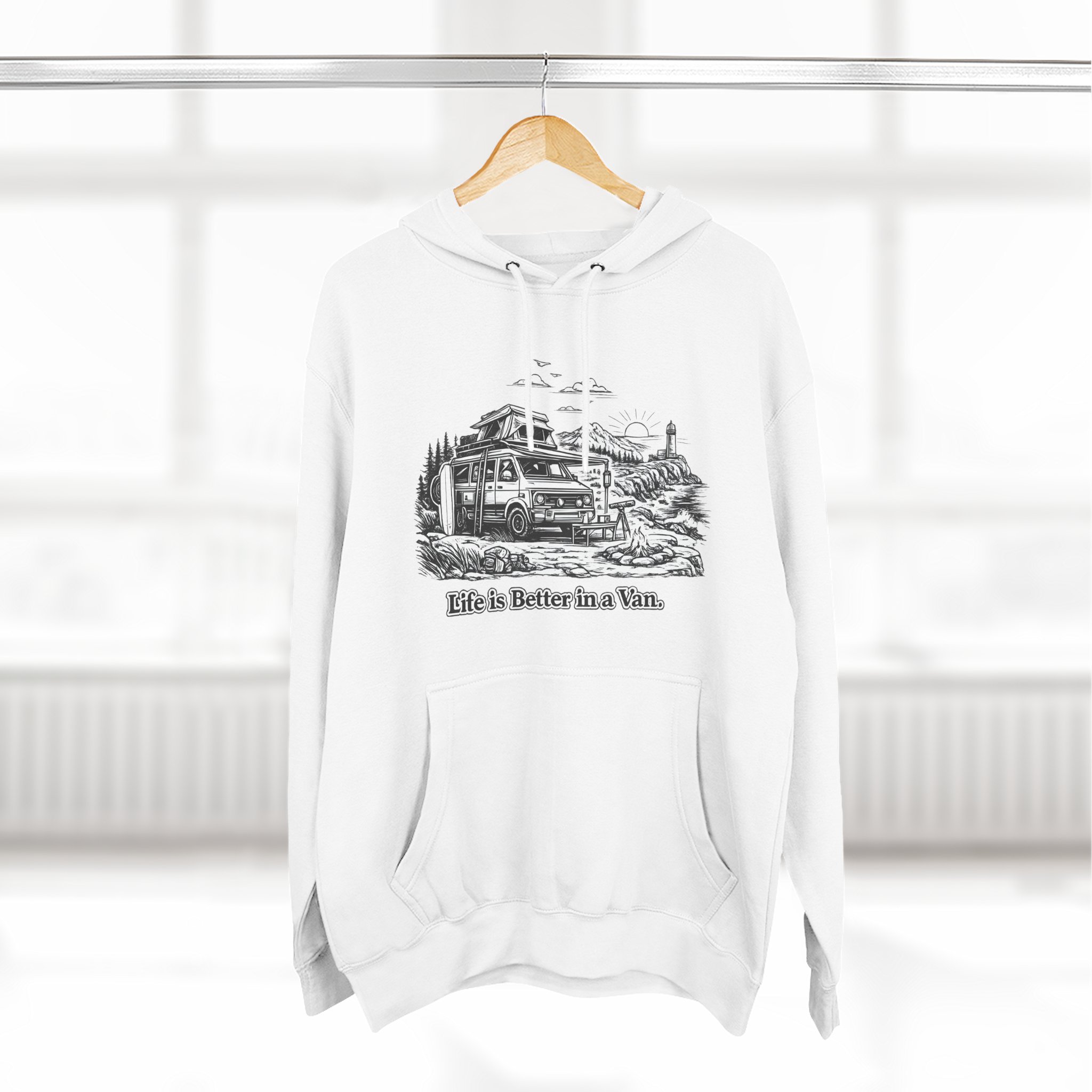 10342404814335831683_2048.jpeg Three-Panel Fleece Hoodie - "Life Is Better In A Van" Design Minimal-Line