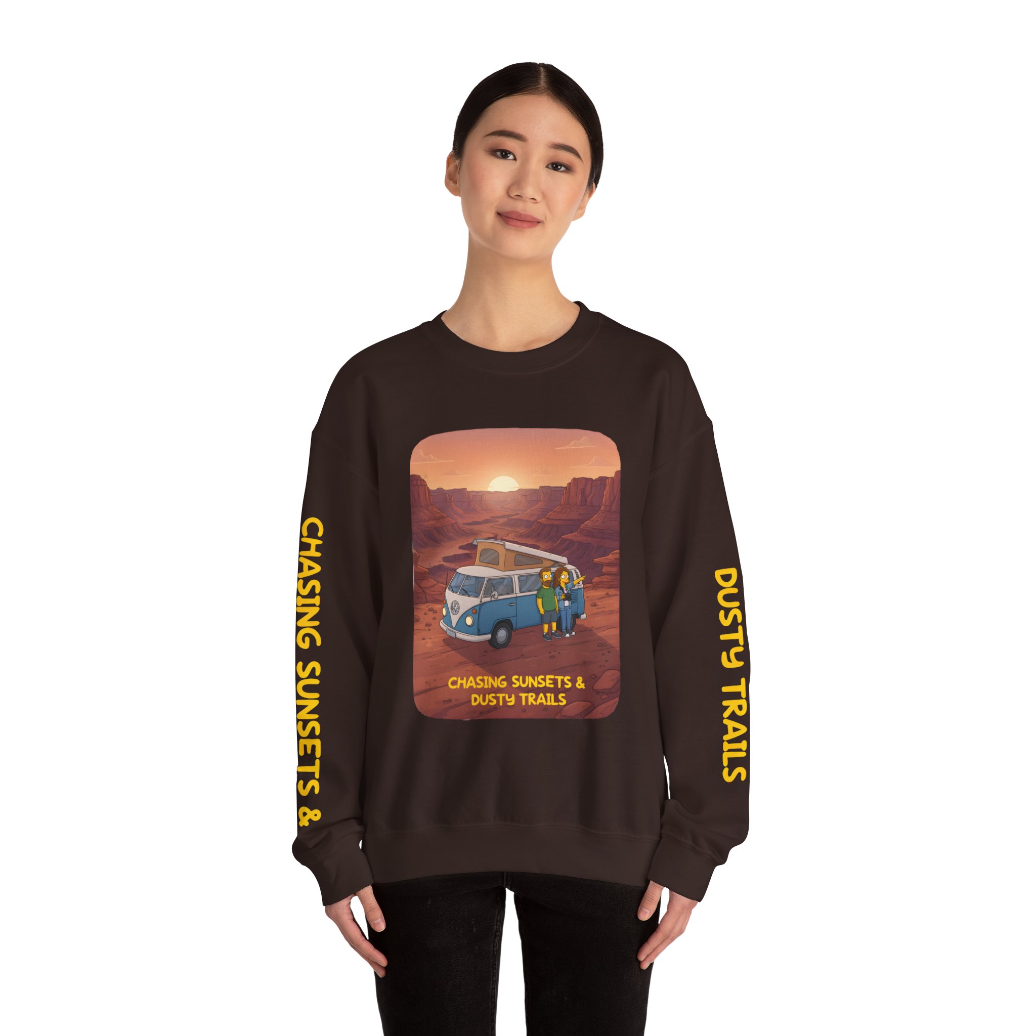 Unisex Heavy Blend™ Crewneck Sweatshirt — "Chasing Sunsets And Dusty Trails" Design Sitcom-Line