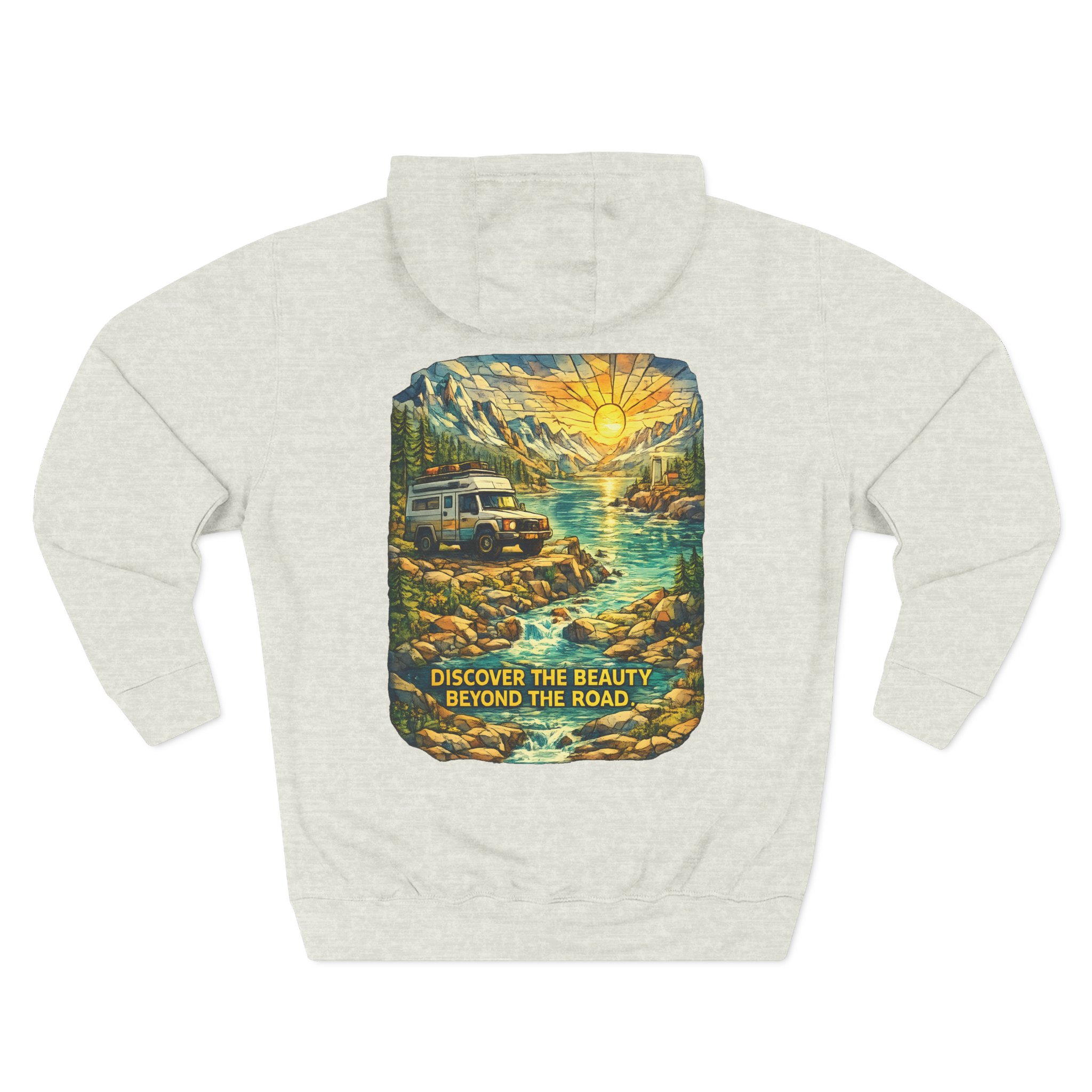 Three-Panel Fleece Hoodie - "Discover The Bieuty Beyond The Road" Design Cubic-Line