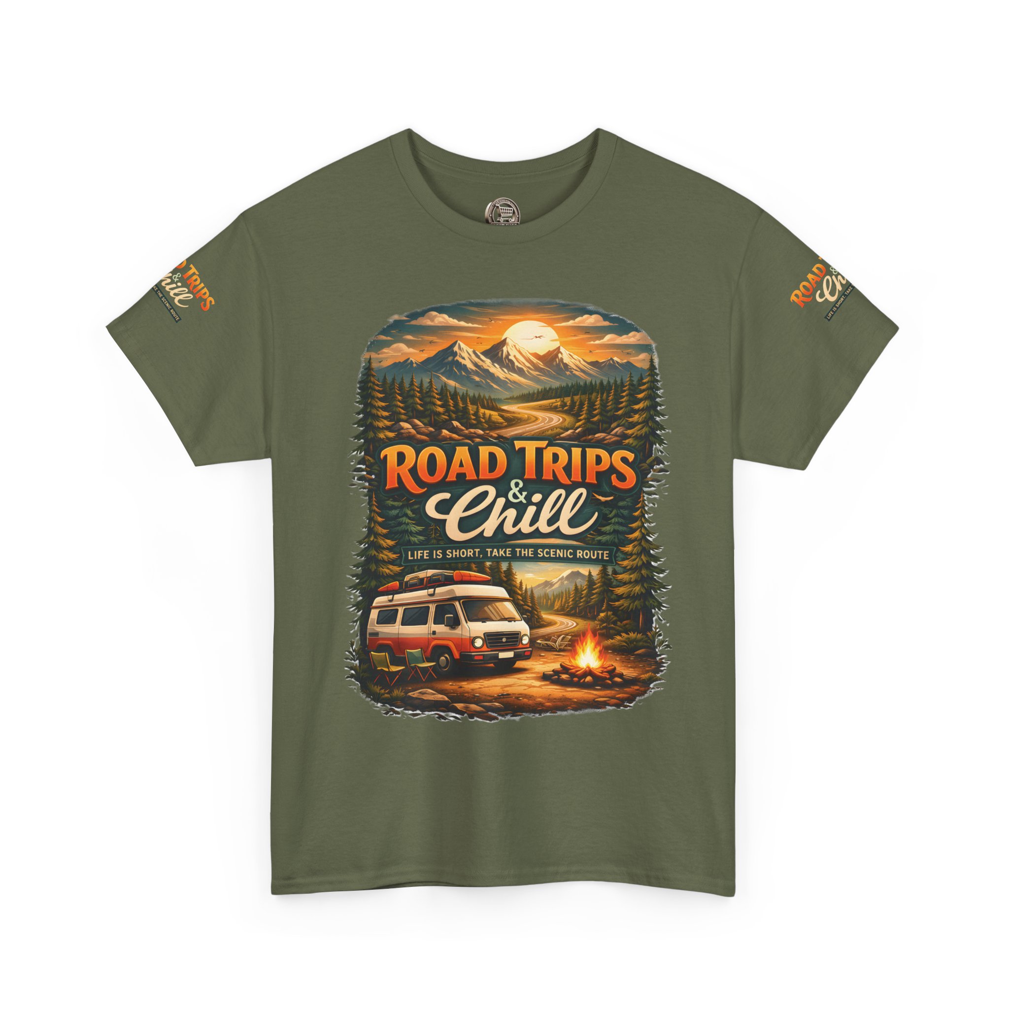 Unisex Heavy Cotton Tee — "Road Trips & Chill" Design Scenic-Line