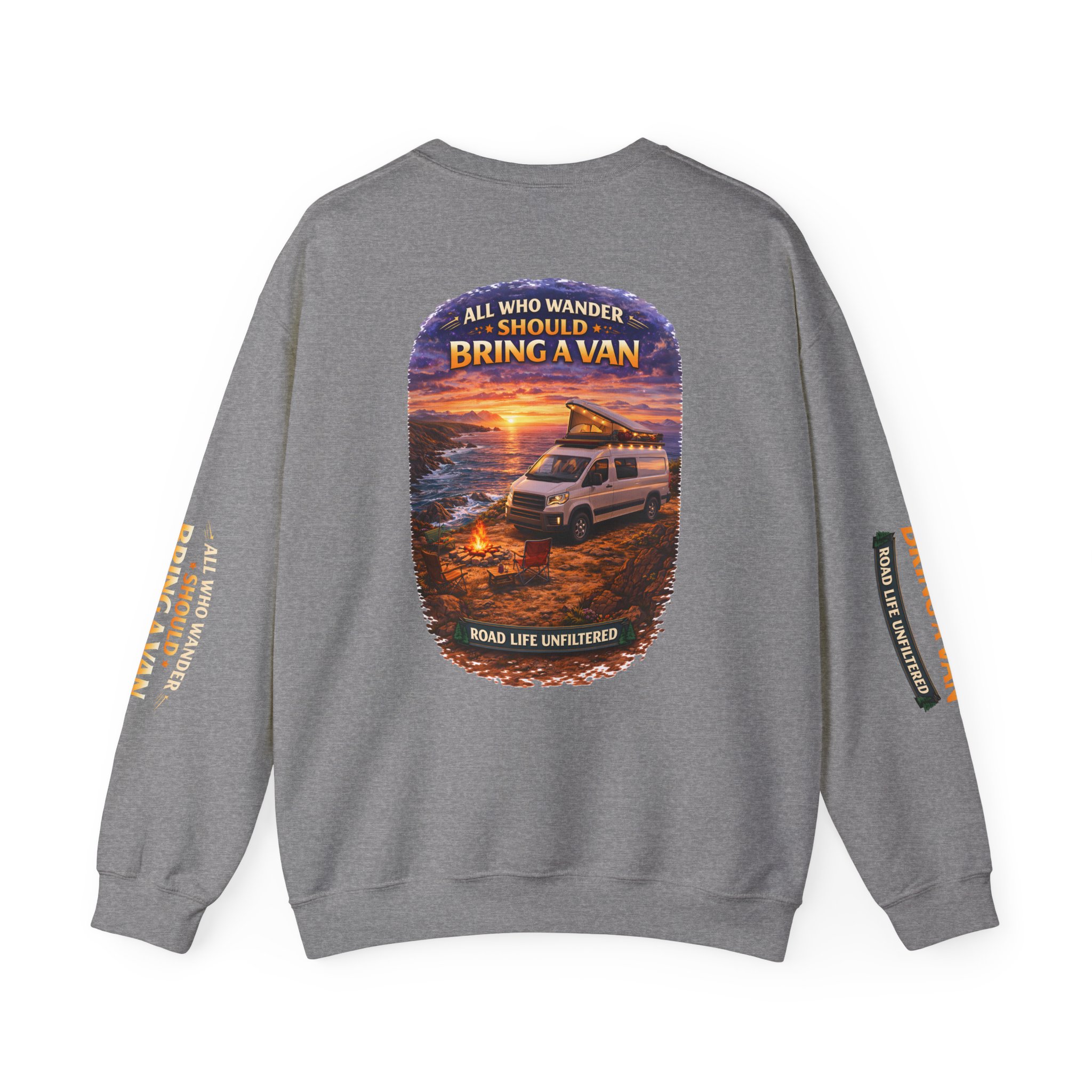 Unisex Heavy Blend™ Crewneck Sweatshirt — "All Who wander Should Bring A Van" Design Scenic-Line