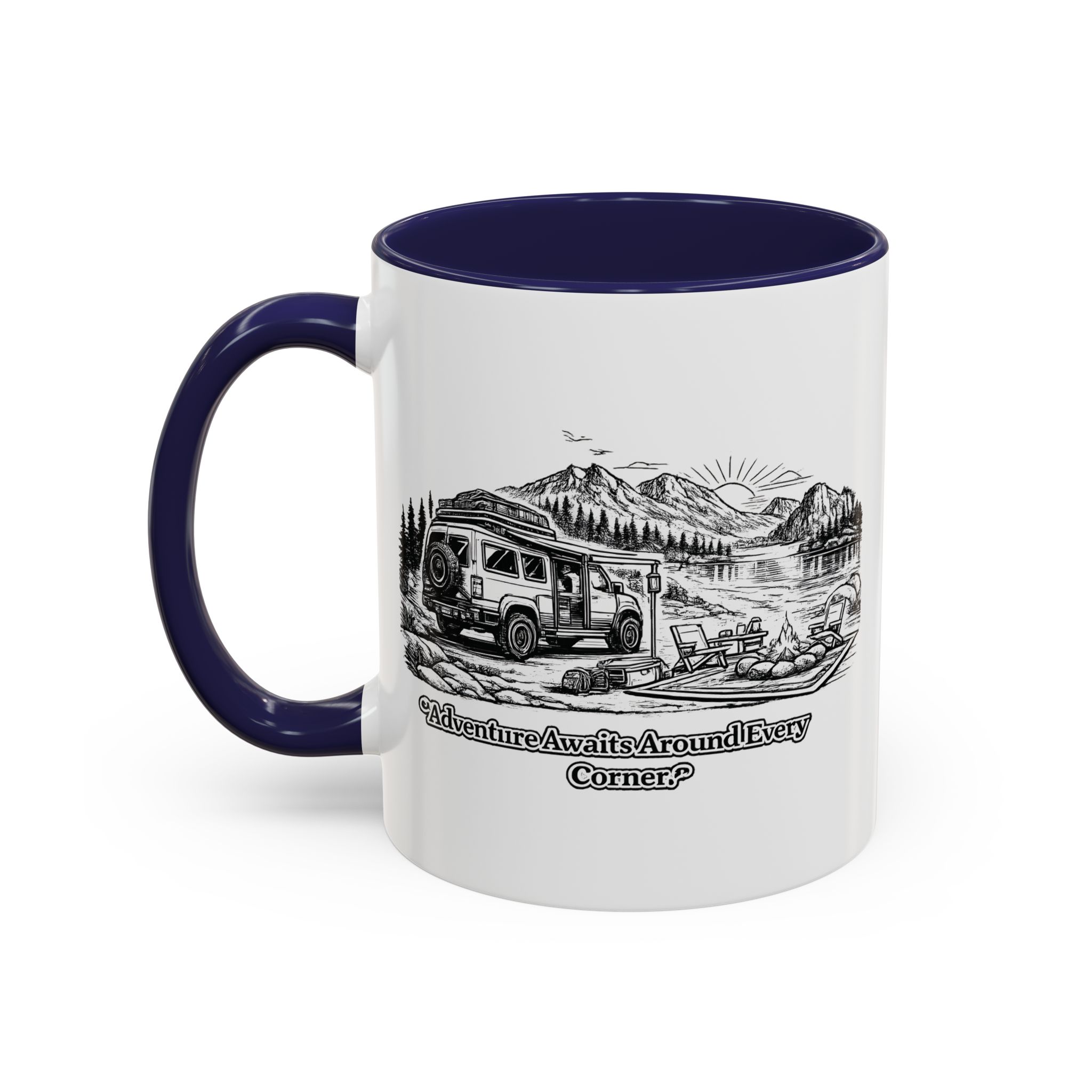 Accent Coffee Mug (11, 15oz) — "Adventure Awaits Around Every Corner" Design Minimal-Line