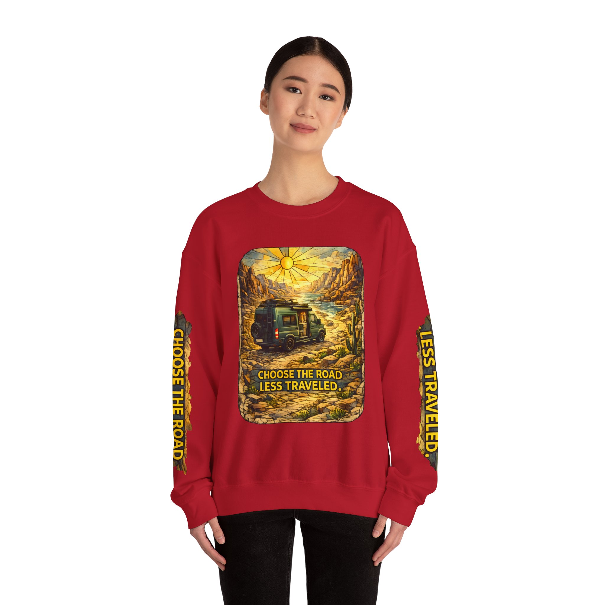 Unisex Heavy Blend™ Crewneck Sweatshirt — "Choose The Road Less Traveled" Design Cubic-Line