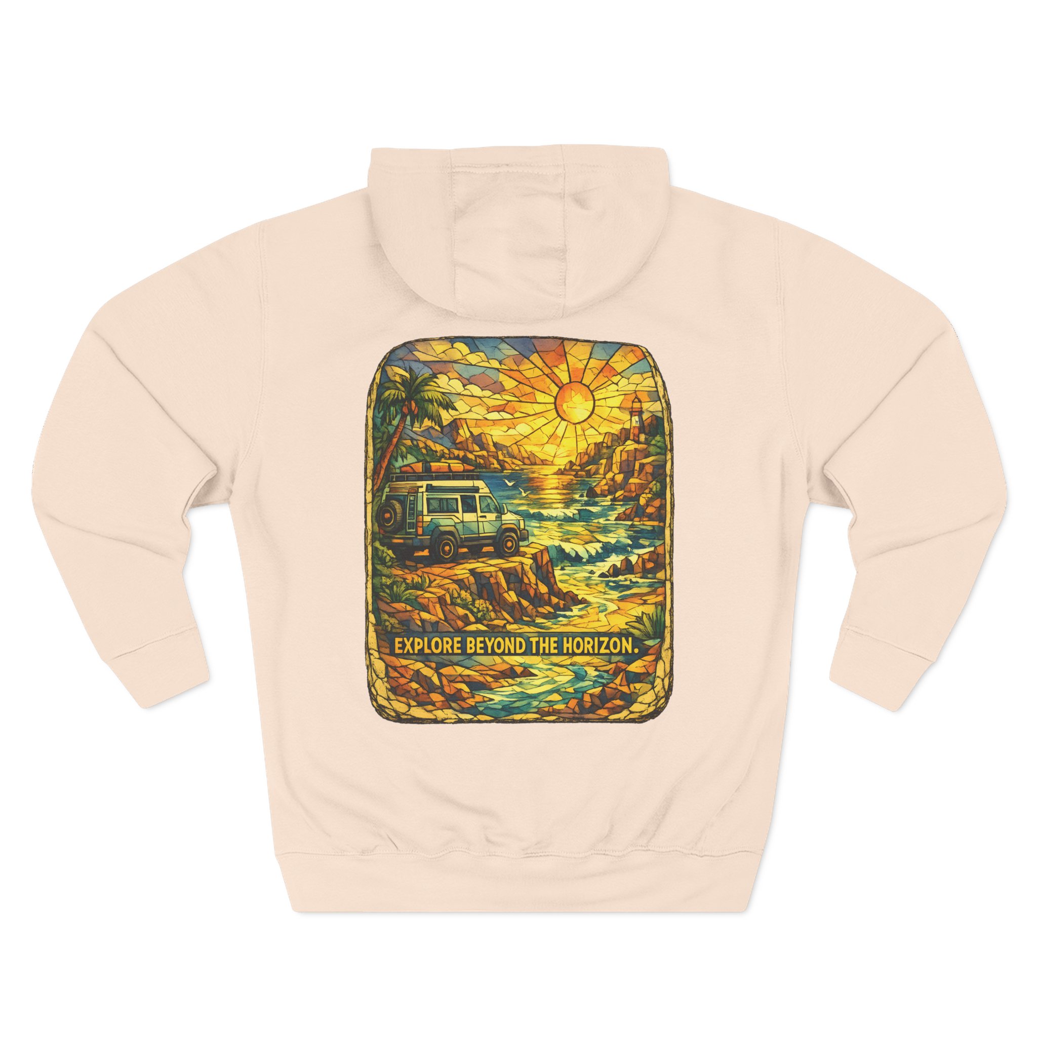 Three-Panel Fleece Hoodie - "Explore Beyond The Horizon" Design Cubic-Line