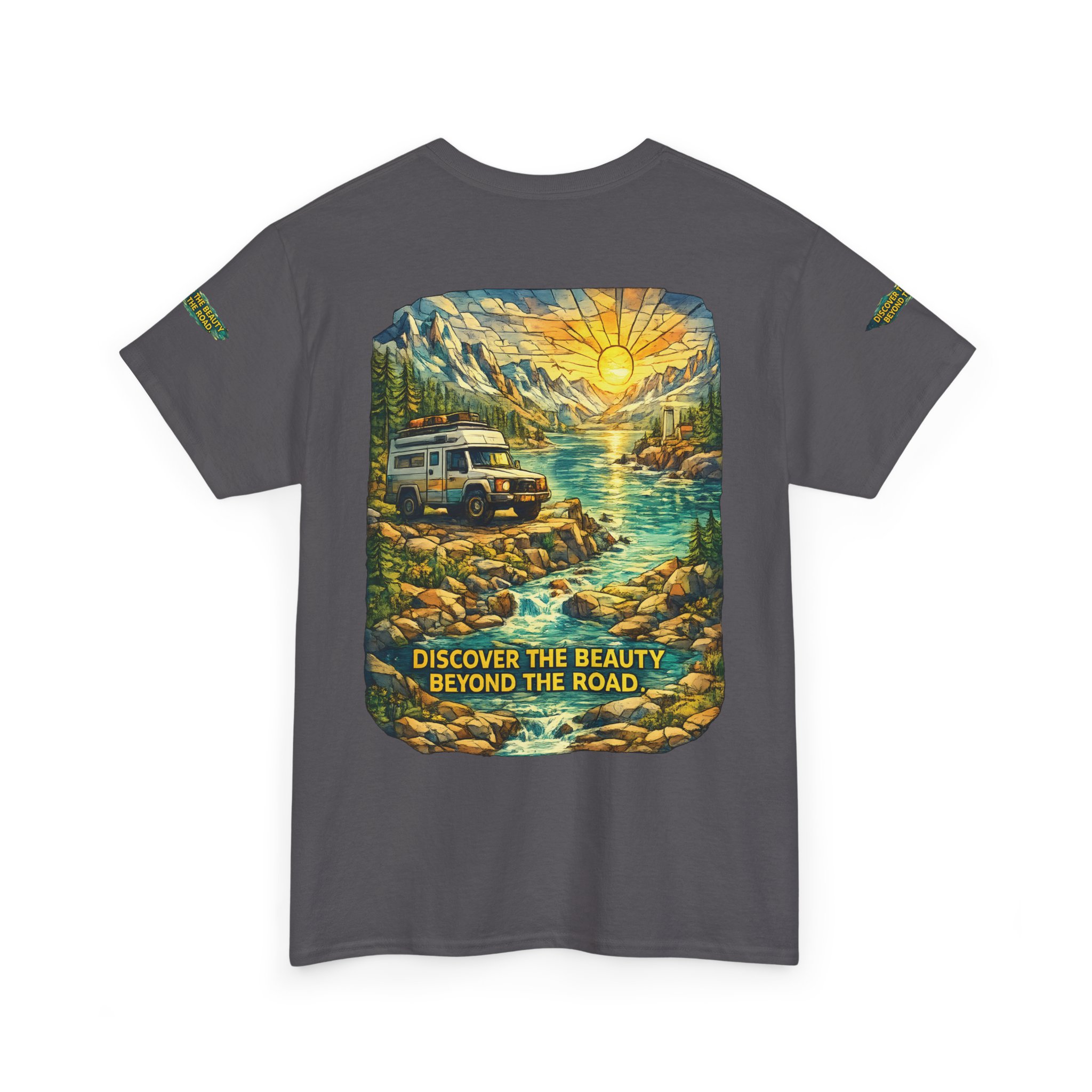 Unisex Heavy Cotton Tee — "Discover The Bieuty Beyond The Road" Design Cubic-Line