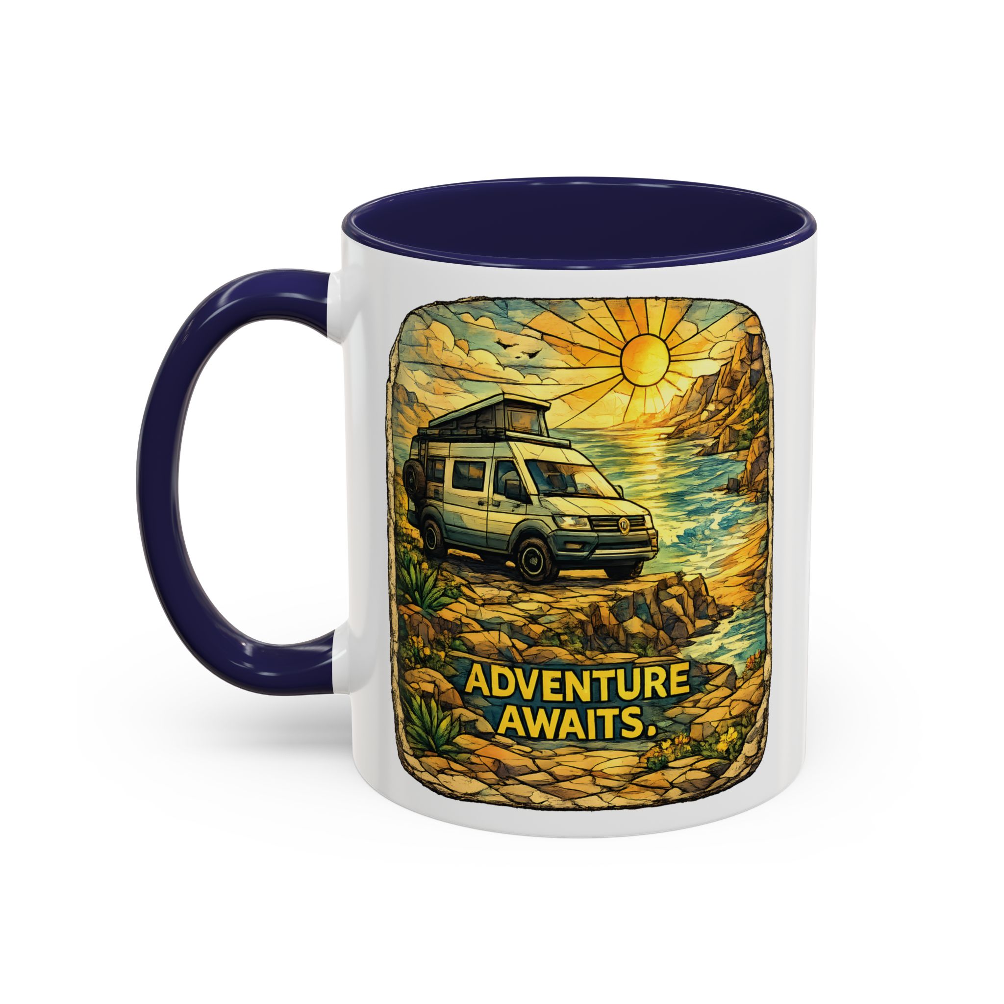 Accent Coffee Mug (11, 15oz) — "Adventure Awaits" Design Cubic-Line